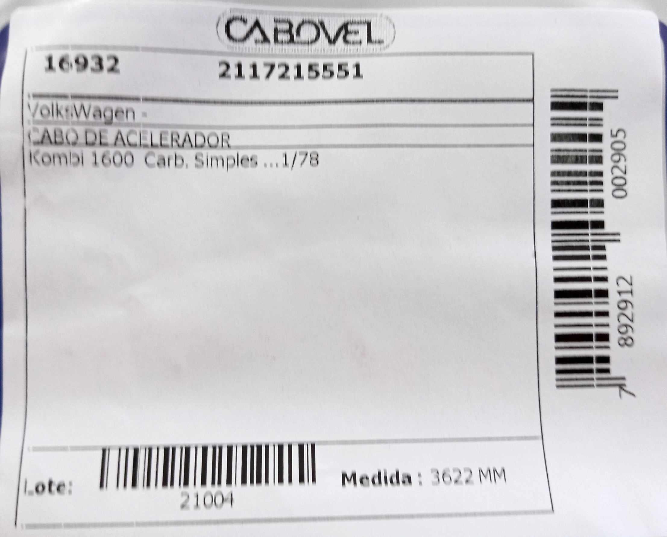 CABO ACELERADOR CARBURAÇÃO SIMPLES 3622MM VW KOMBI 1600 1975/1978 CARBURADOR