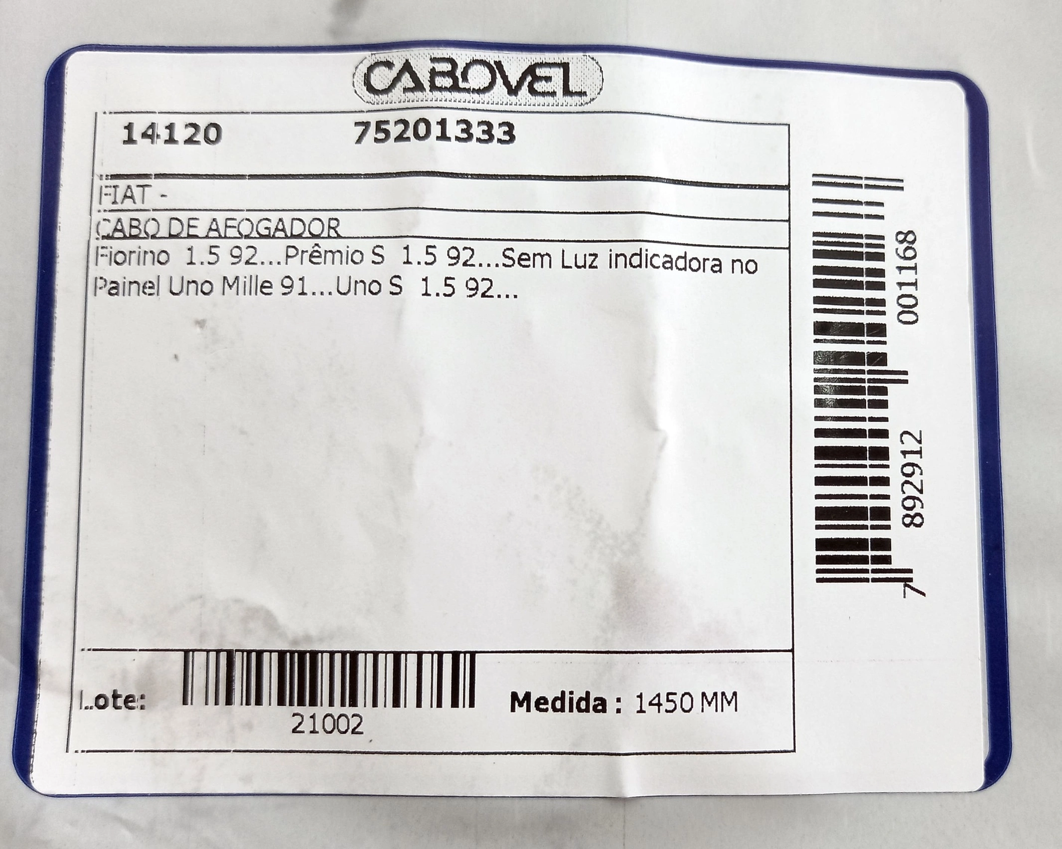 CABO AFOGADOR 1450MM FIAT UNO S 1.5 MILLE FIORINO SEM LUZ INDICADORA PAINEL 92/