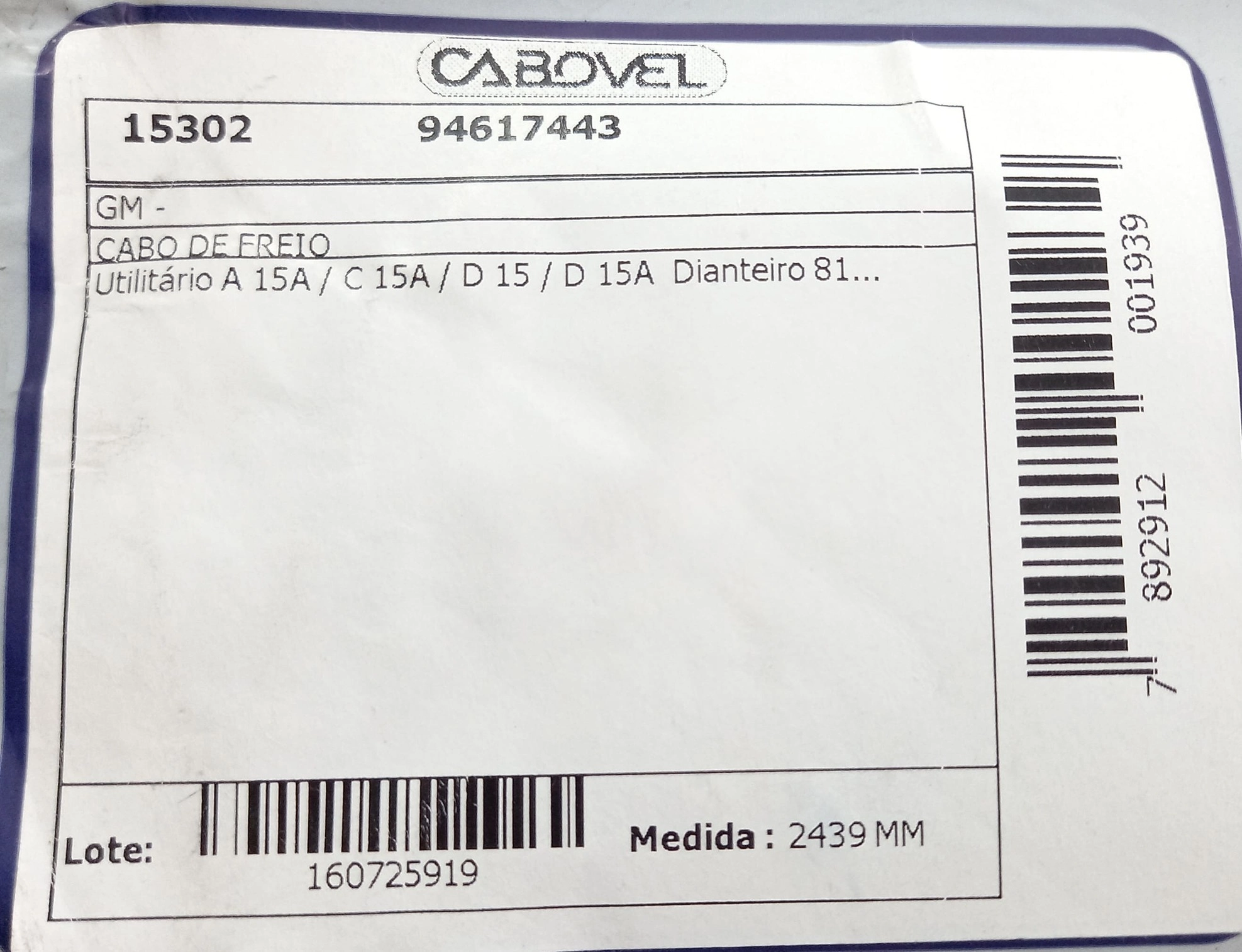 CABO FREIO DIANTEIRO 2439MM GM A/C/D-15 81/ 2439