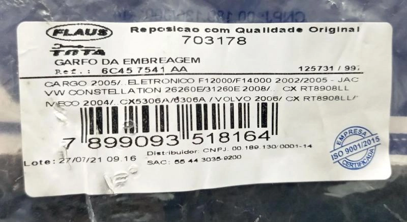 GARFO DA EMBREAGEM FORD CARGO 05/ - F12000/F14000 02/05 - VW CONSTELLATION 26260E/31260E 08/