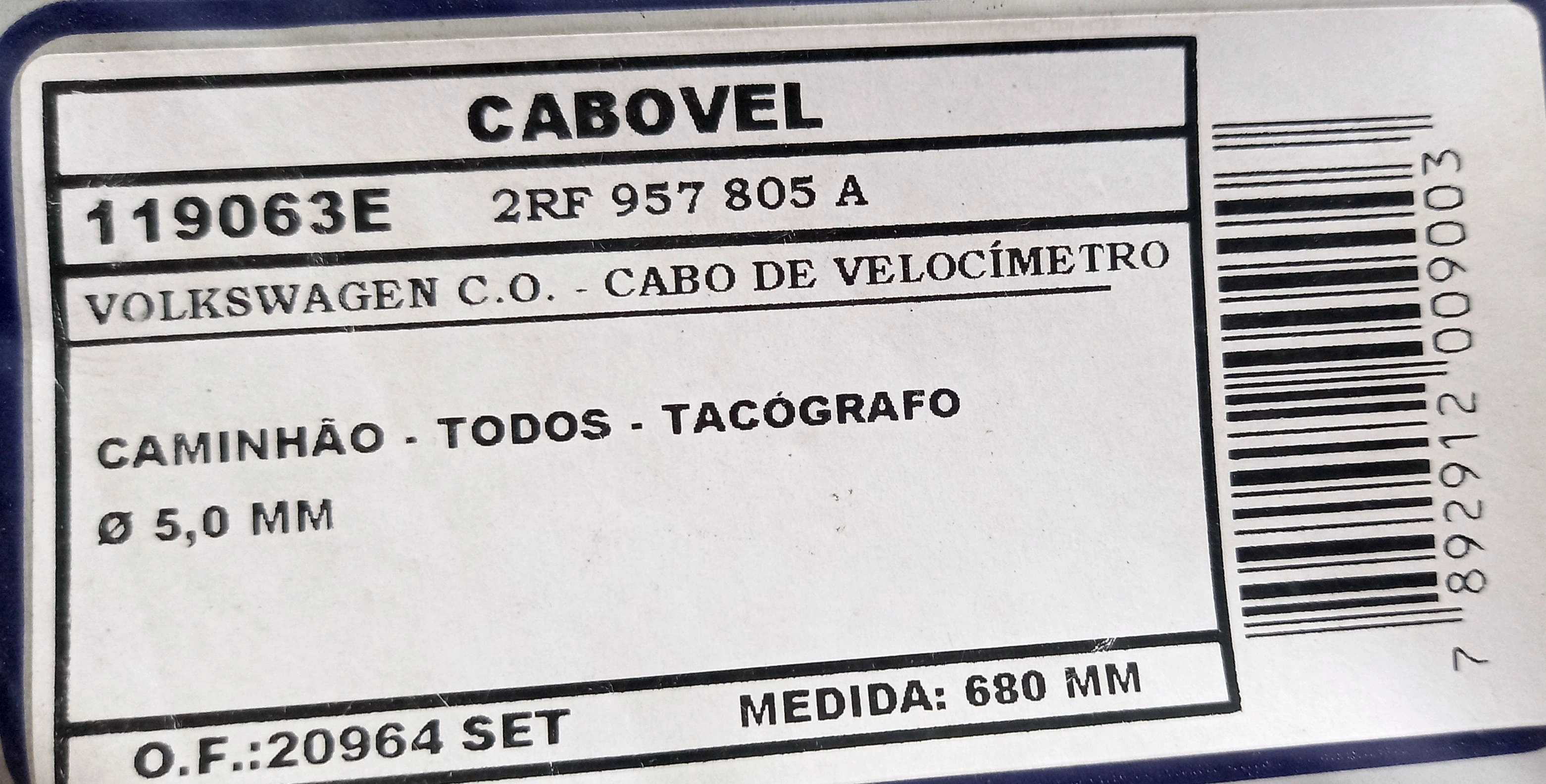 CABO VELOCIMETRO VW CAMINHOES TODOS - TACOGRAFO - INTERNO 5.0M 680MM