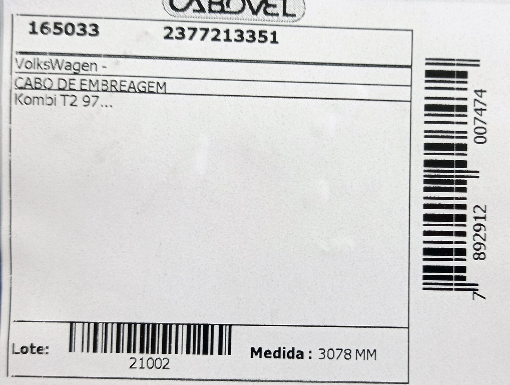 CABO EMBREAGEM VW KOMBI T2 97/2005 - 3048
