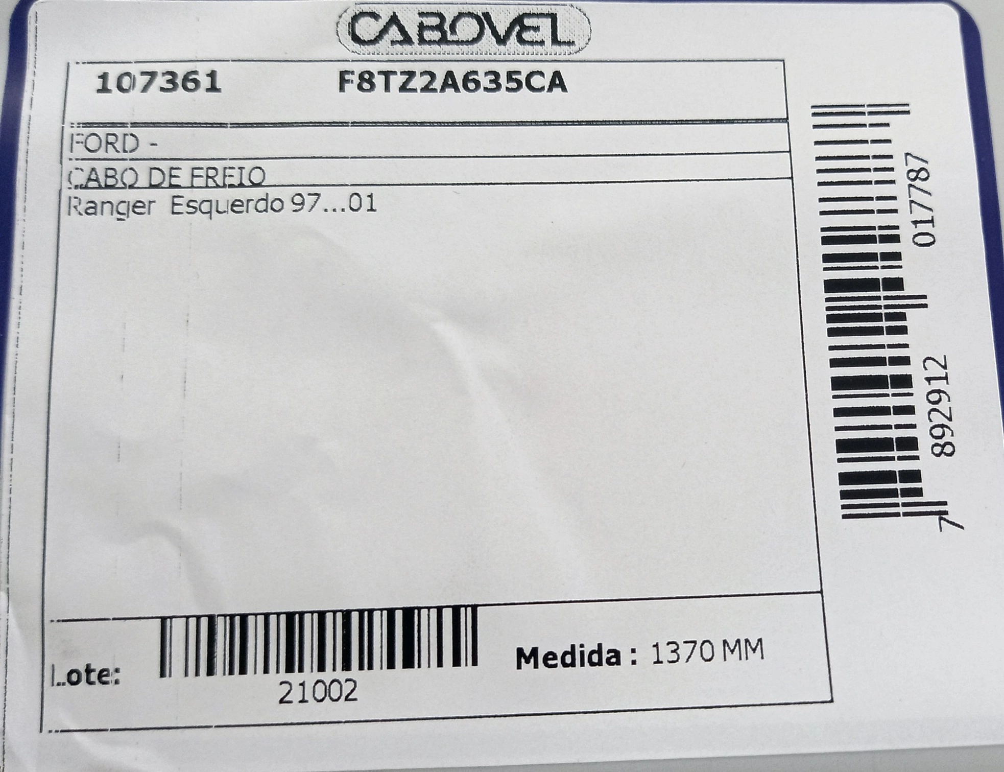 CABO FREIO TRASEIRO ESQUERDO - FORD RANGER CABINE SIMPLES/DUPLA/SUPER 1997/2001 - 1370MM