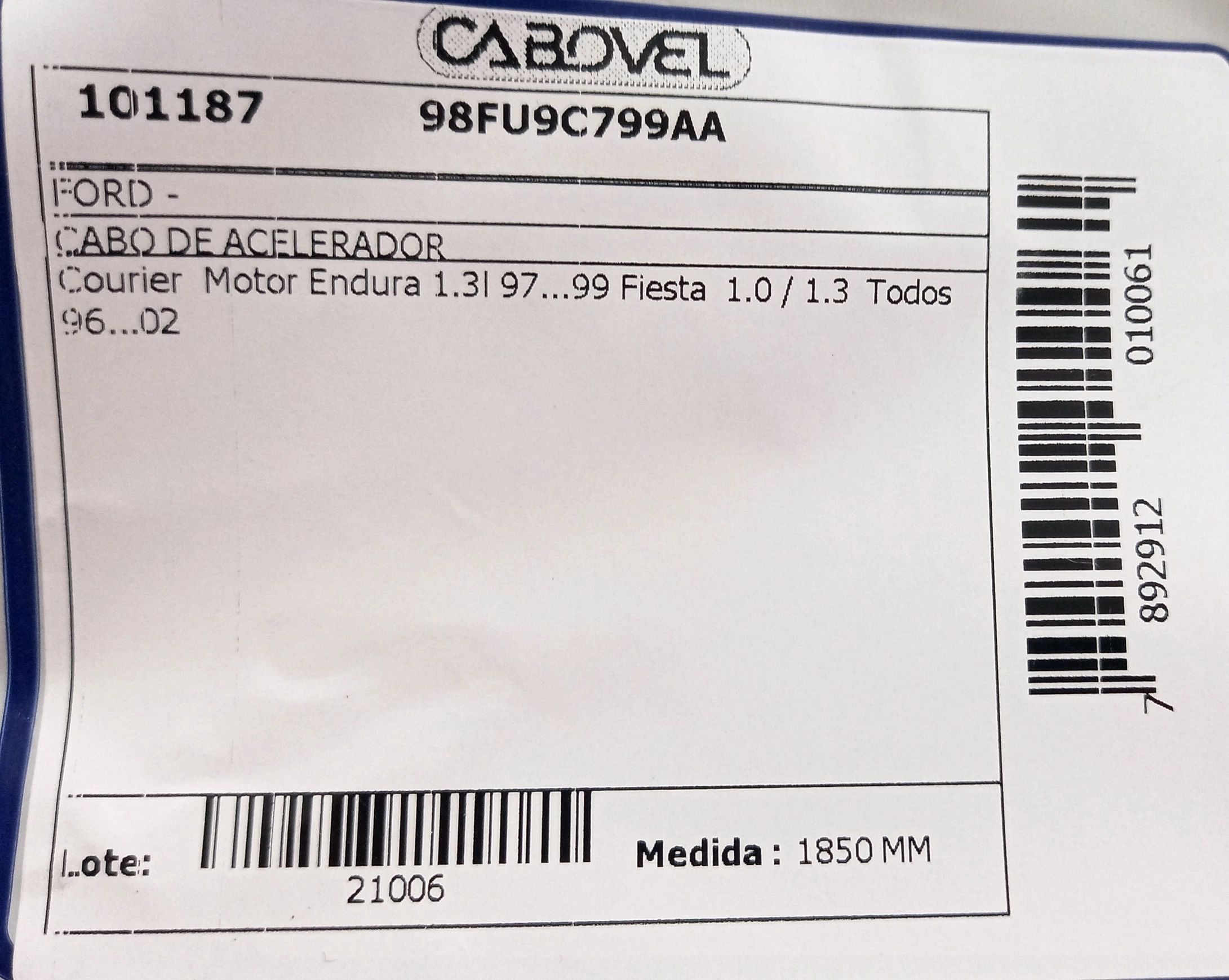CABO ACELERADOR MOTOR ENDURA 1850MM FORD FIESTA 1.0/1.3 1996/2002 COURIER 1997/1999