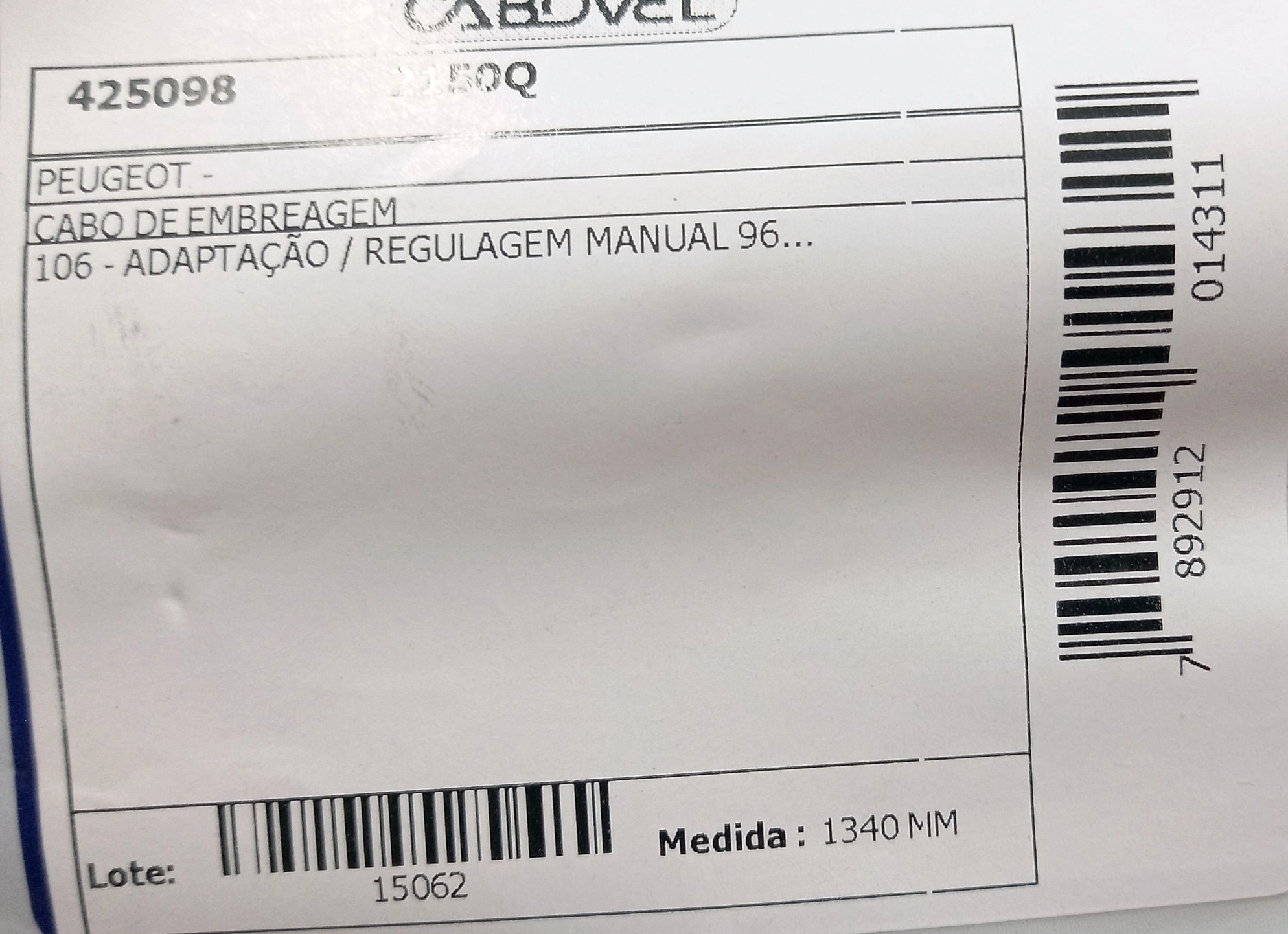 CABO EMBREAGEM 1340MM PEUGEOT 106 1996/ ADAPTAÇÃO REGULAGEM MANUAL