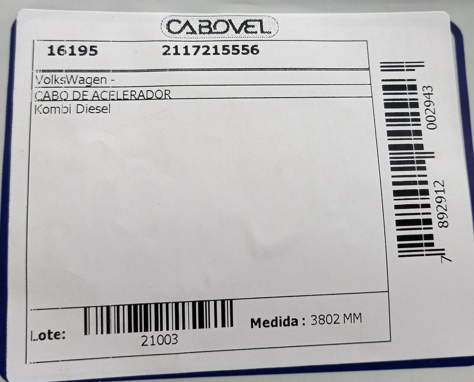 CABO ACELERADOR 3802MM VW KOMBI DIESEL 3802