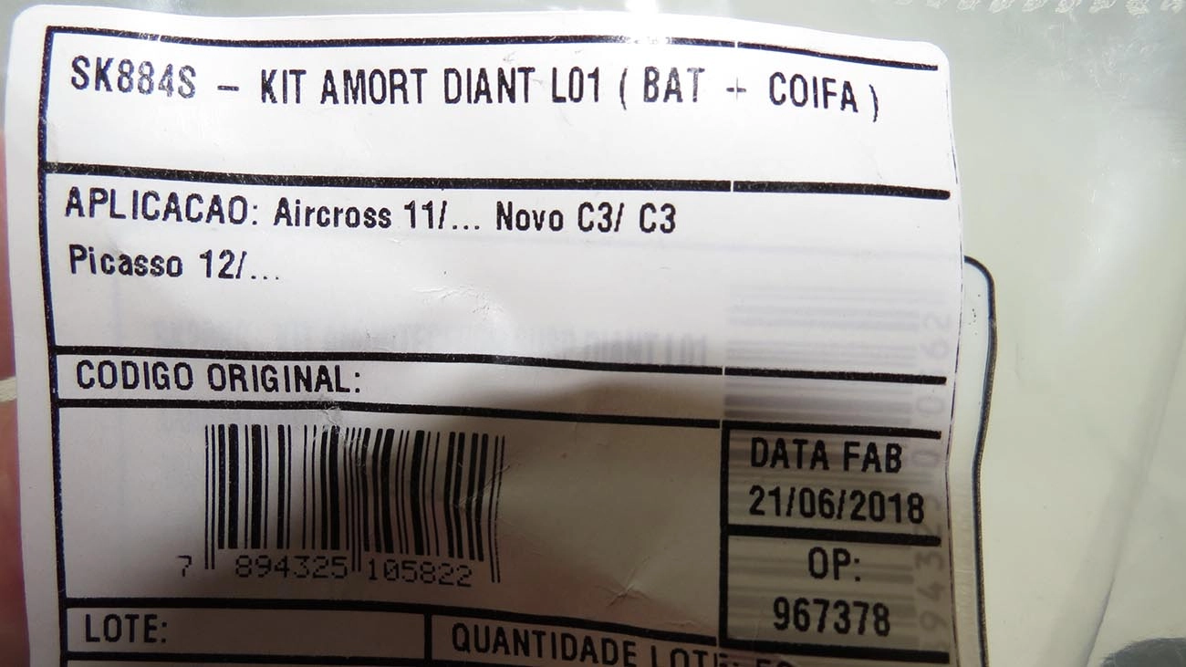 KIT AMORTECEDOR DIANTEIRO CITROEN NOVO C3 12/ - C4 CACTUS 18/ - AIRCROSS 11/ - BATENTE E COIFA