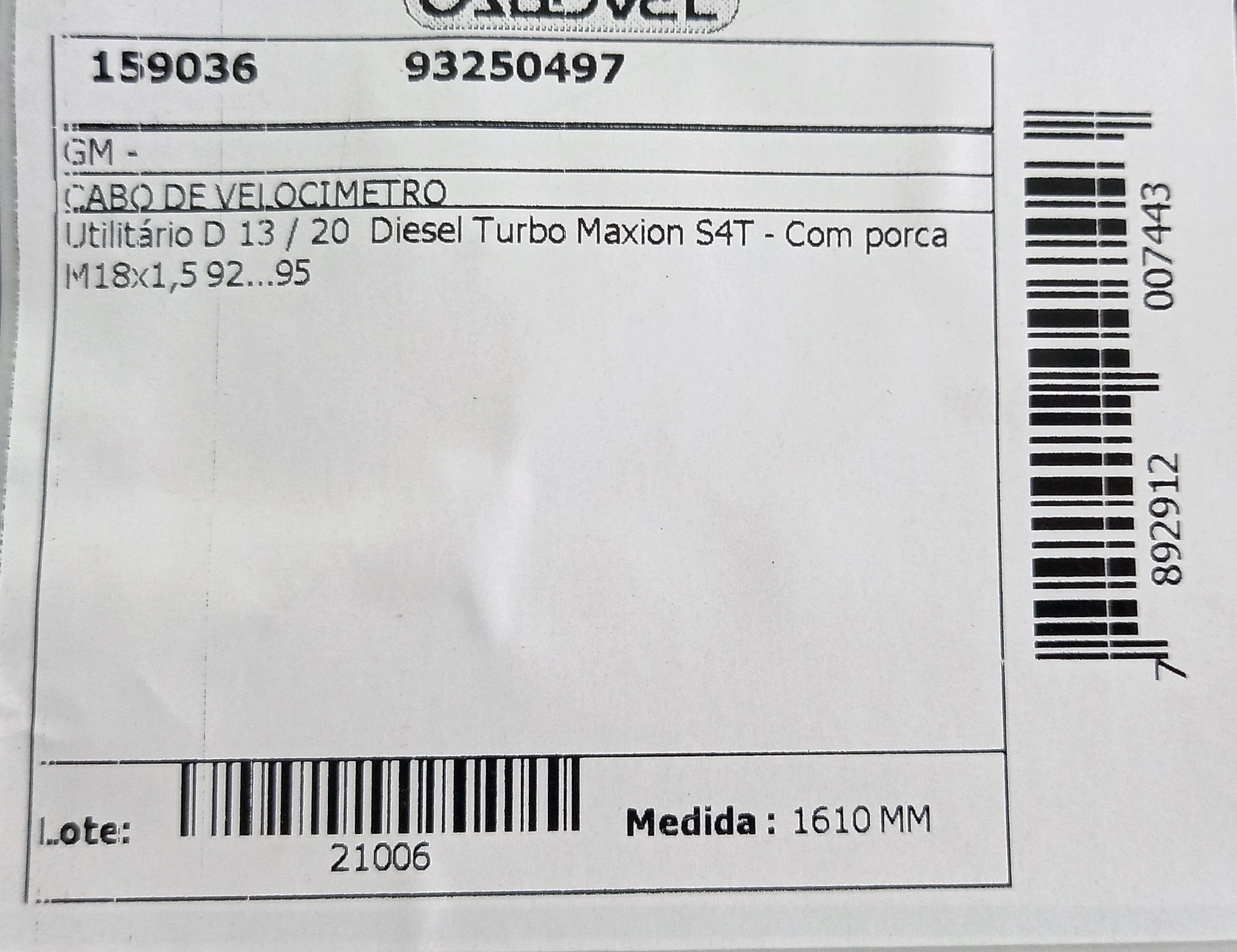 CABO VELOCIMETRO GM D-13/20 - DIESEL TURBO MAXION S4T 92/95 1610