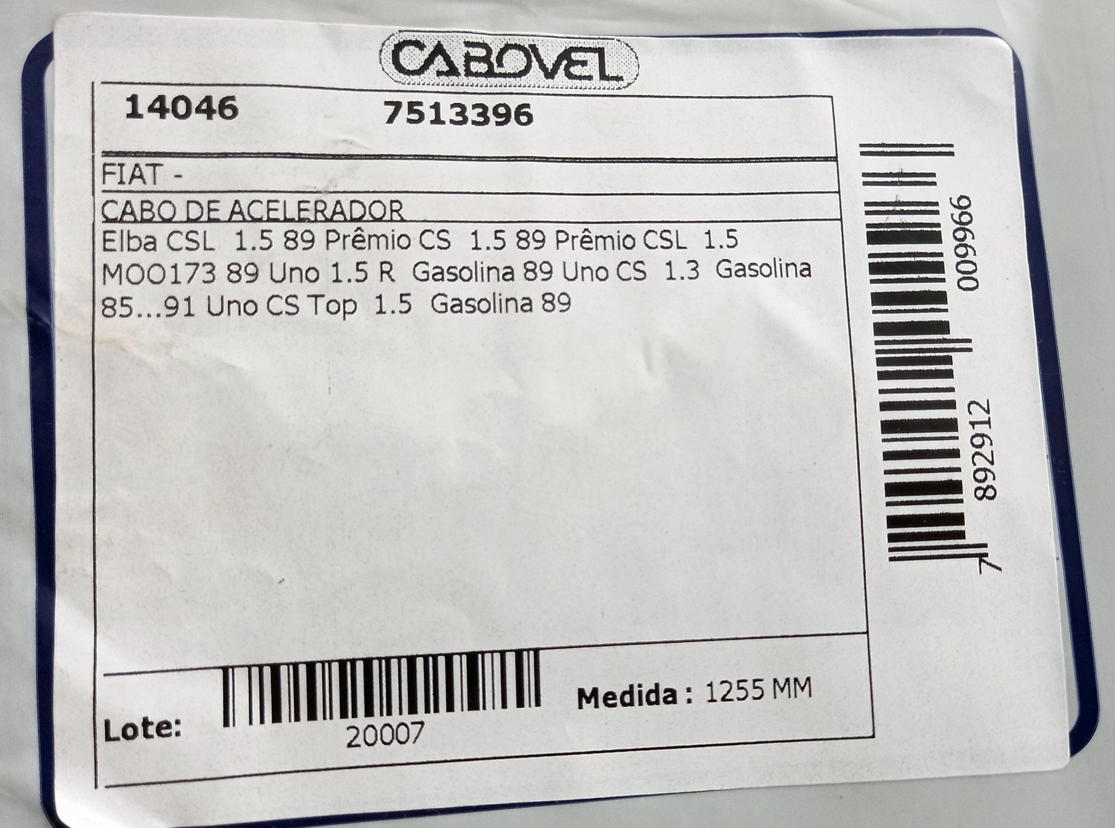 CABO ACELERADOR 1255MM FIAT UNO CS 1.3 GASOLINA 85/91 UNO/PREMIO/ELBA 1.5 89