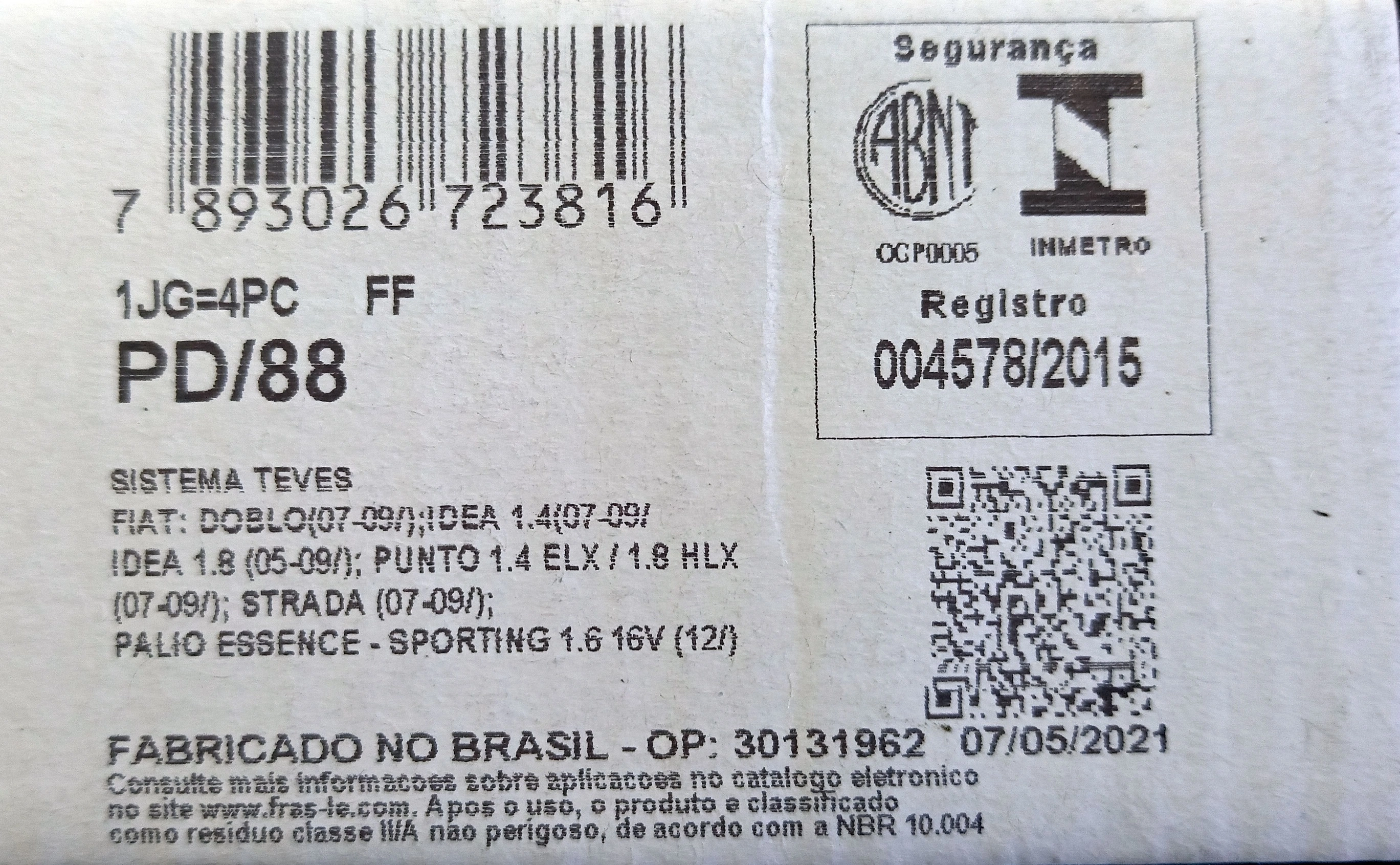 PASTILHA FREIO RODA DIANTEIRA FIAT 500 13/15 DOBLO 10/21 STRADA 03/21 PALIO 10/17 PUNTO 07/17 IDEA 10/16 DIANTEI