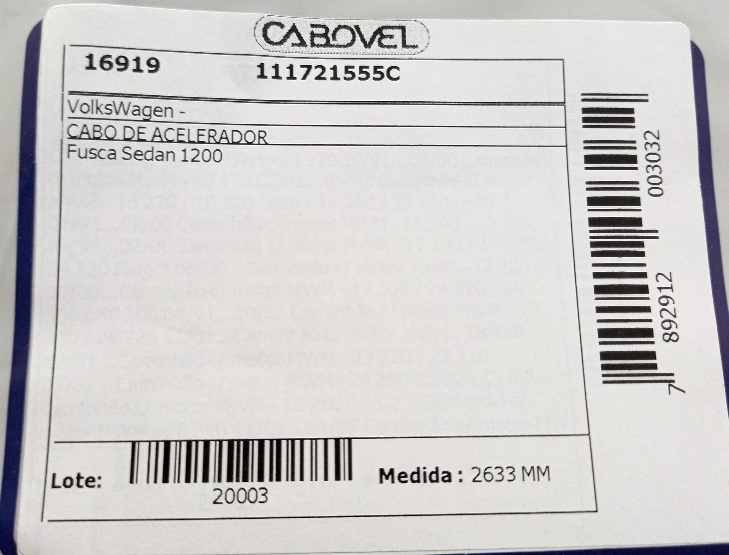 CABO ACELERADOR 2633MM VW FUSCA 1200 2633