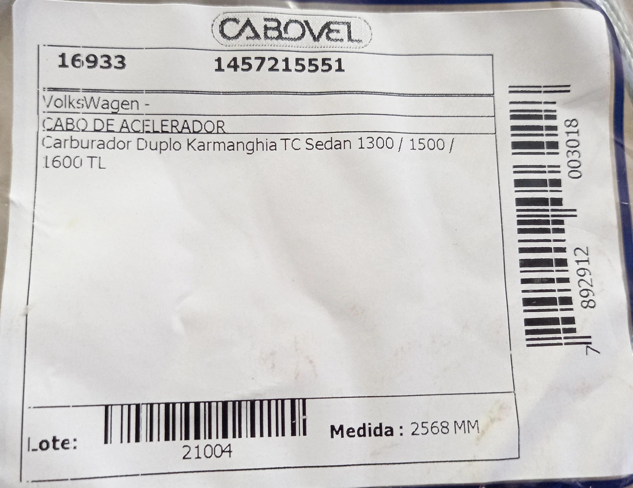 CABO DE ACELERADOR VW FUSCA 1300/1500/1600/TL - 2568MM CARBURAÇÃO DUPLA