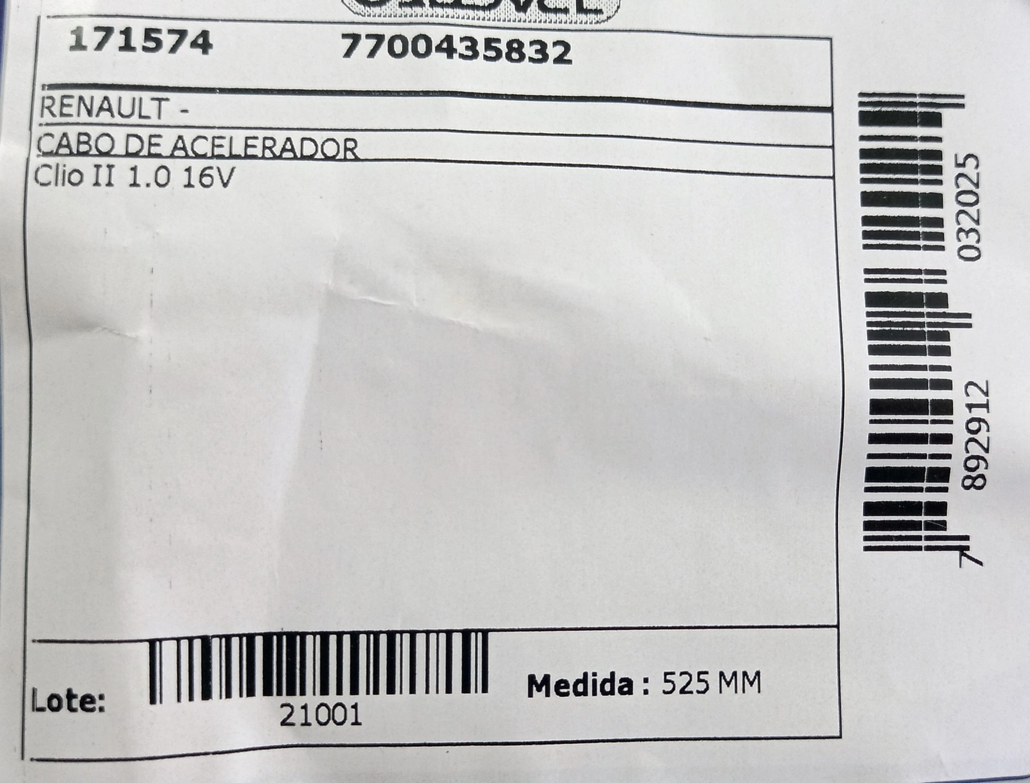 CABO DE ACELERADOR RENAULT CLIO 1.0 16V 2000/ - 525MM