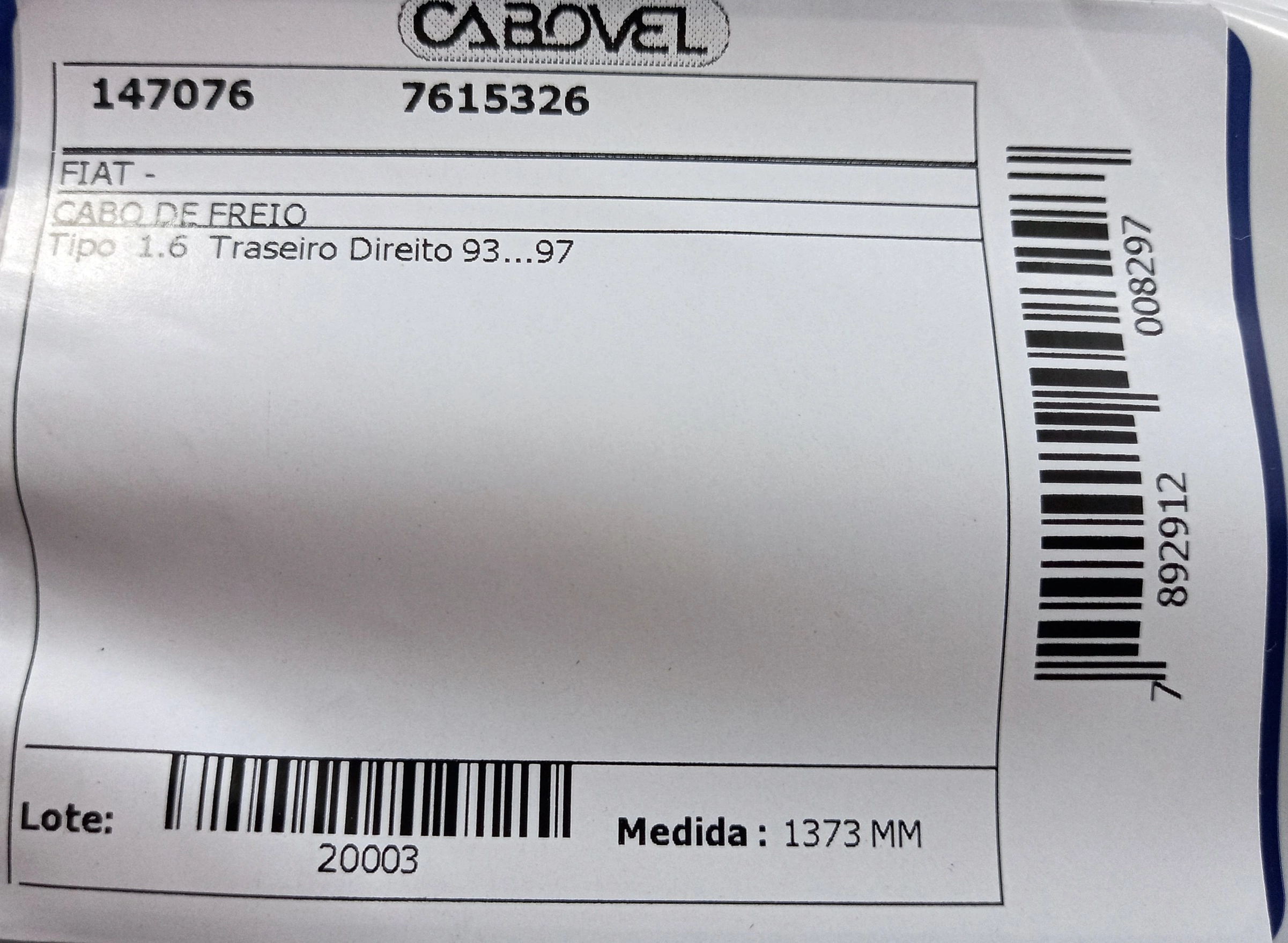 CABO FREIO TRASEIRO DIREITO 1373MM FIAT TIPO 1.6 93/97