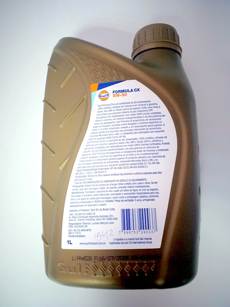 OLEO SINTETICO PARA MOTOR DIESEL/GASOLINA GULF 5W30 API SN FORMULA CX D2 ACEA 1 LT