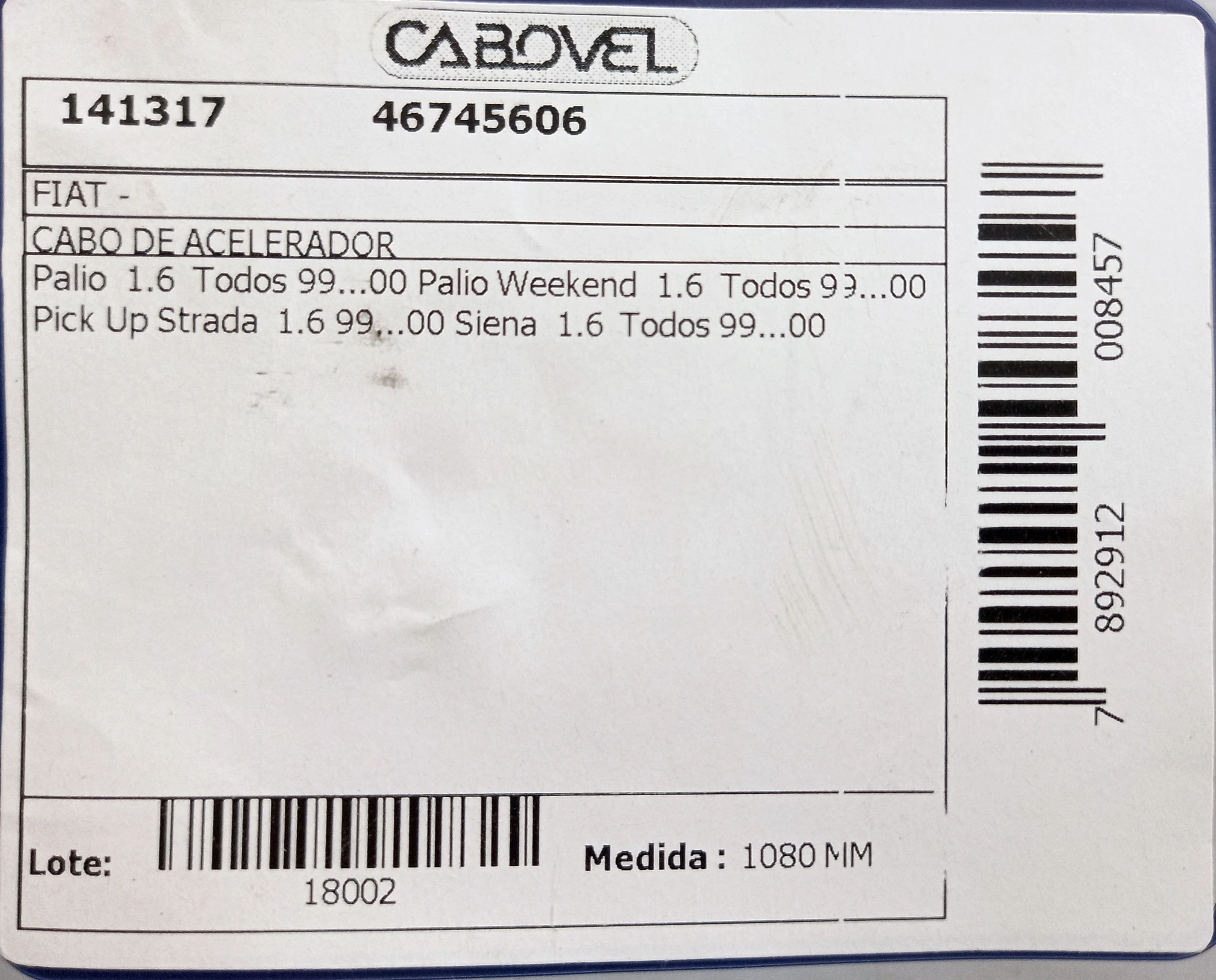 CABO ACELERADOR FIAT PALIO/SIENA/STRADA 1.6 99/00 1080MM