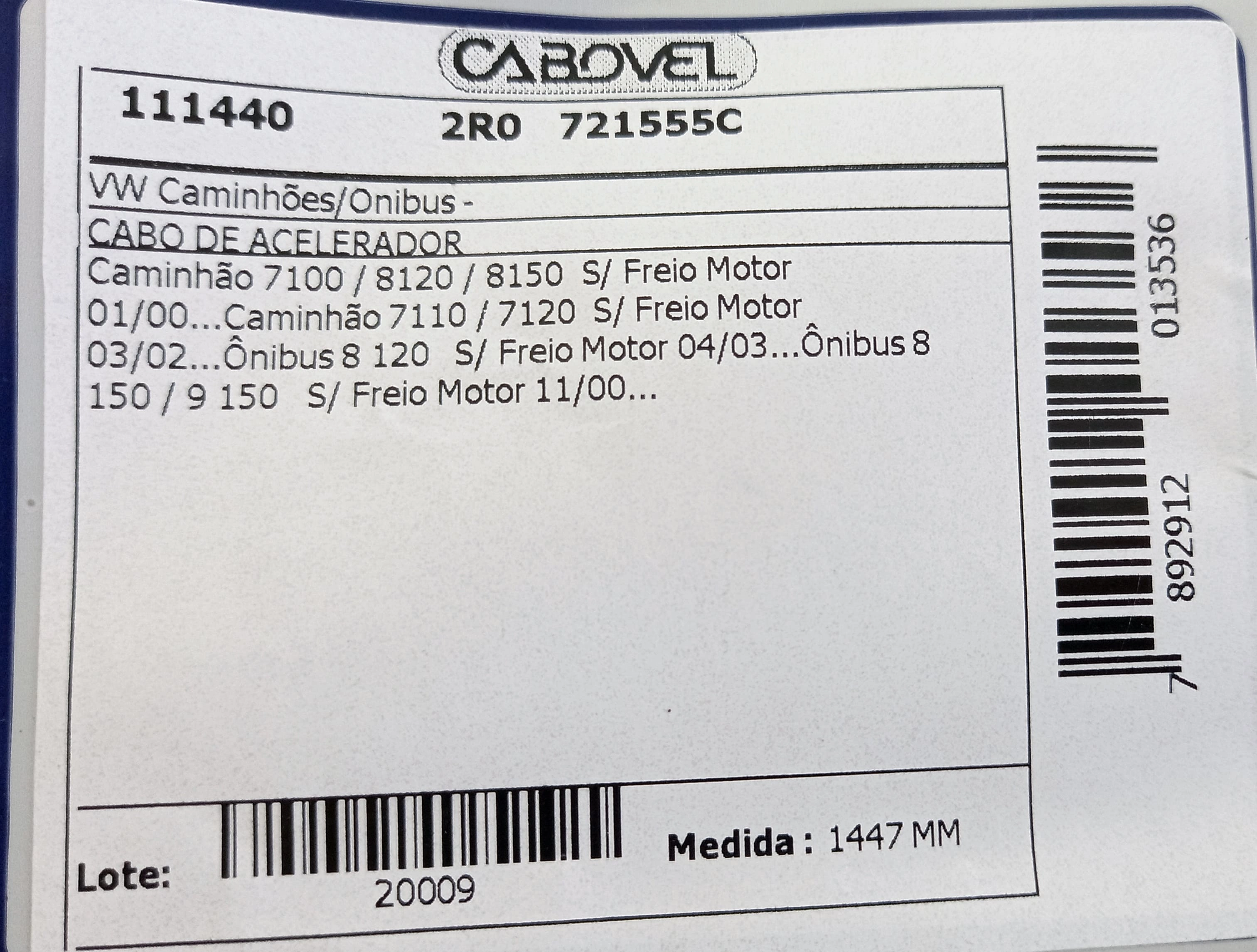 CABO ACELERADOR 1447MM VW 7.100/7.110/7.120/8.120/8.150 00/