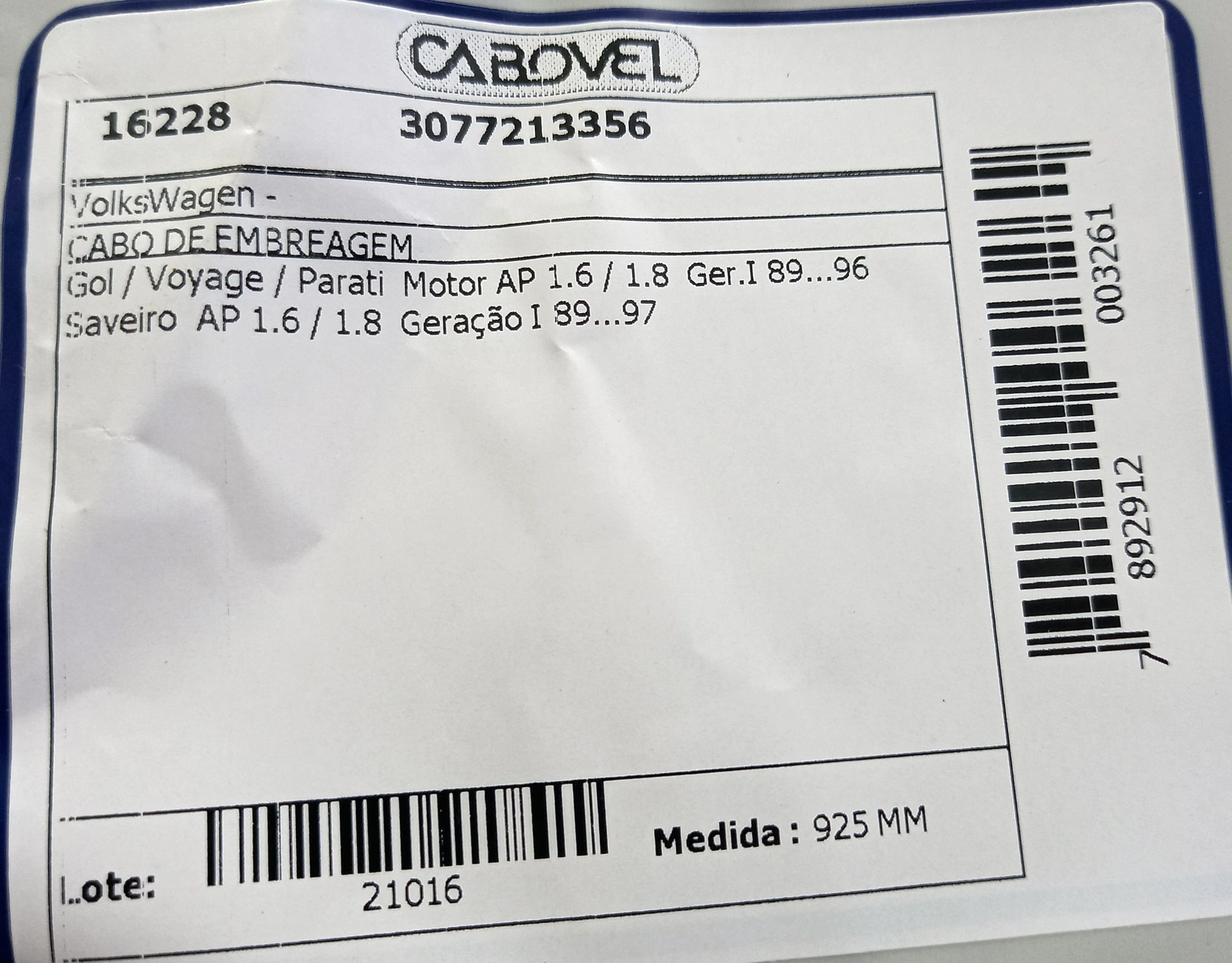 CABO EMBREAGEM 925MM VW GOL/VOYAGE/PARATI/SAVEIRO MOTOR AP 1.6/1.8 89/96 925