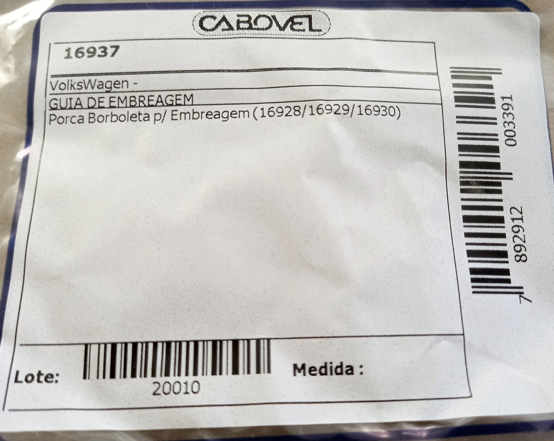PORCA BORBOLETA CABO EMBREAGEM VW P/CABOS 16928/16929/16930