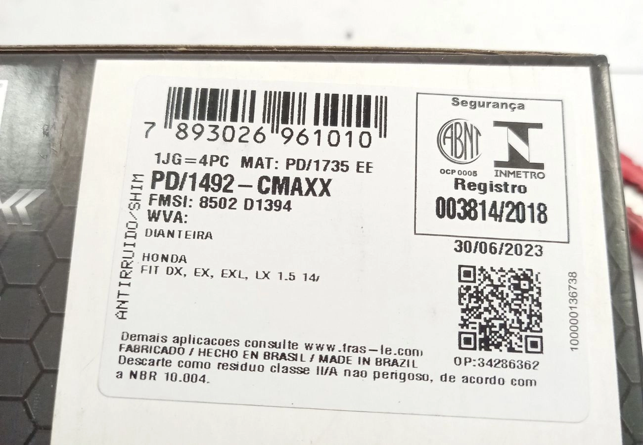 PASTILHA DE FREIO DIANTEIRA HONDA NEW FIT 1.5 16V 14/ - CITY 1.5 16V 14/ - WR-V EX/EXL 1.5 16V 17/