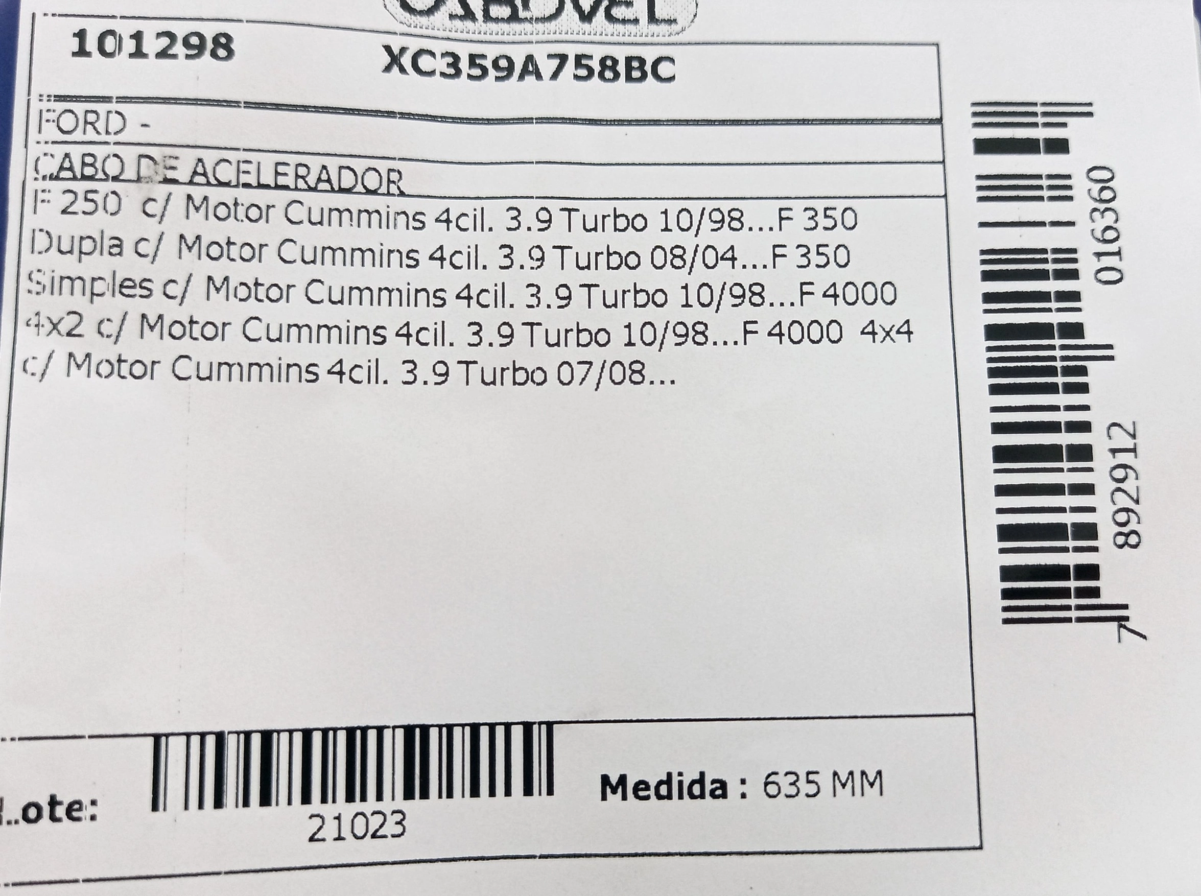 CABO DE ACELERADOR FORD F-250/F-350/F-4000 1998/ - MOOTR CUMMINS - 635MM