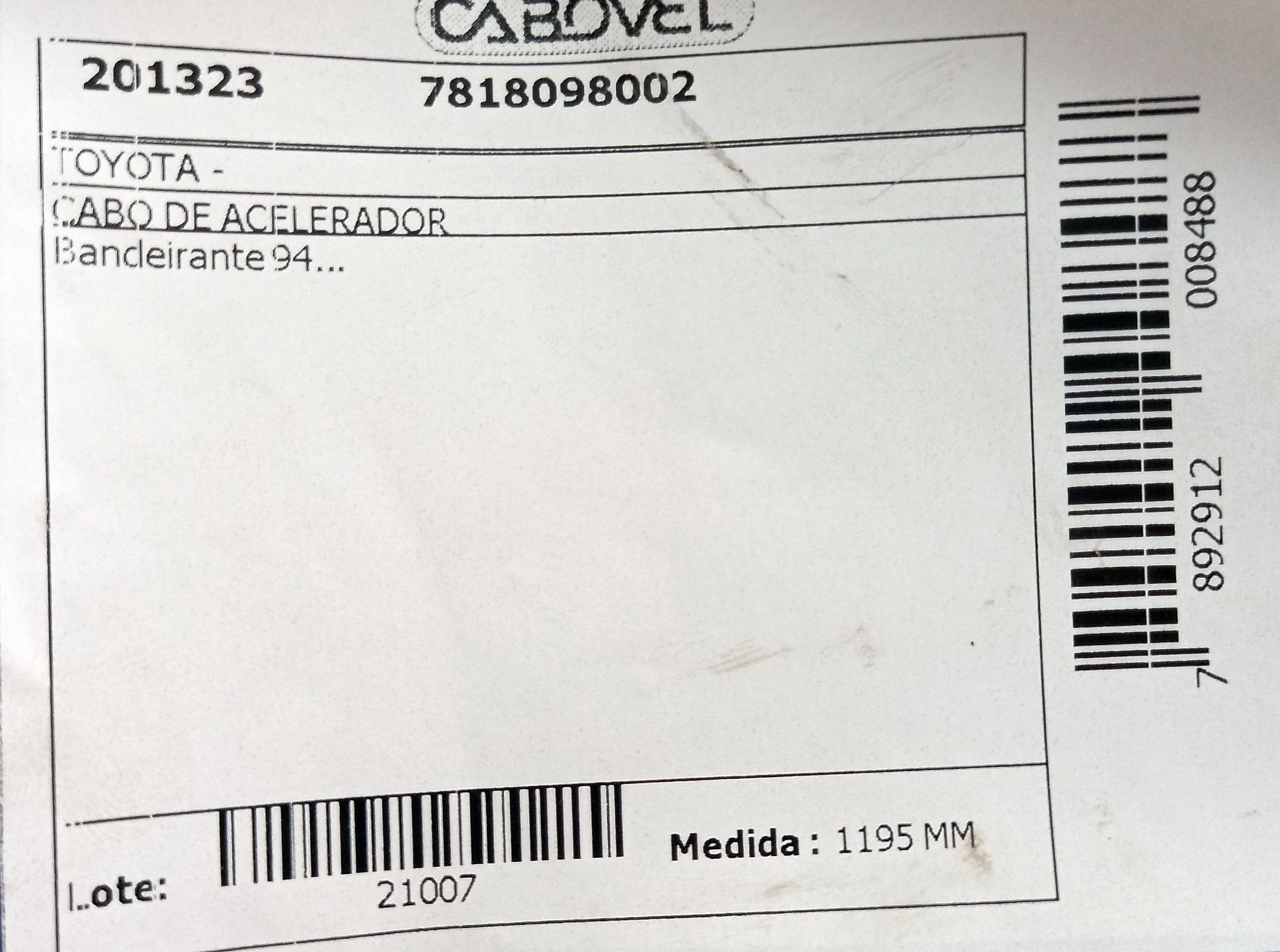 CABO ACELERADOR 1195MM TOYOTA BANDEIRANTE 94/