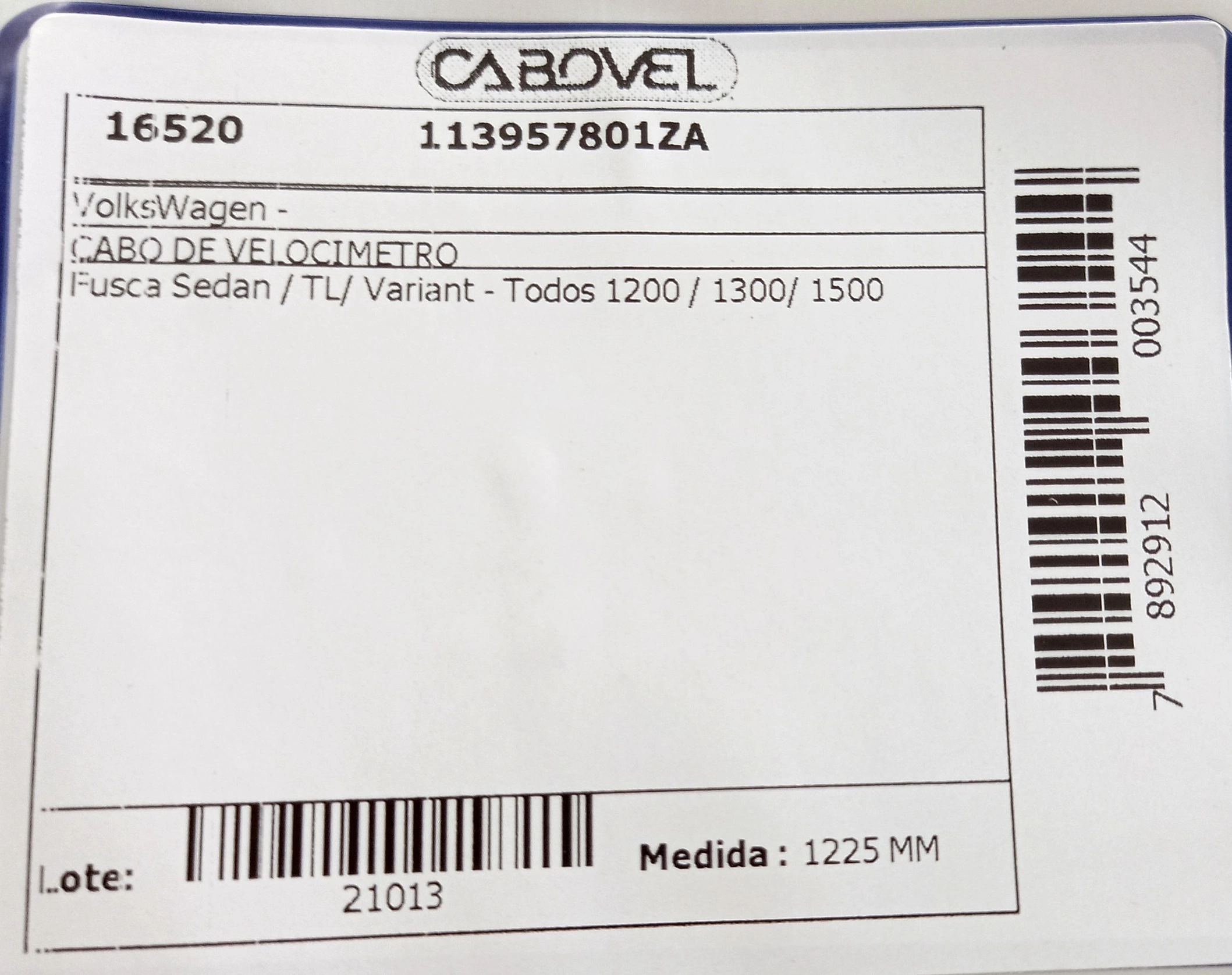 CABO VELOCÍMETRO 1225MM VELOCIMETRO VW FUSCA/TL/VARIANT TODOS 1200/1300/1500 1225