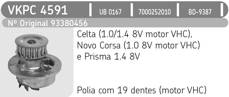 BOMBA ÁGUA VHC VHCE POLIA 19 DENTES AGUA GM NOVO CORSA 1.0 8V 2002/ CELTA 1.0/1.4