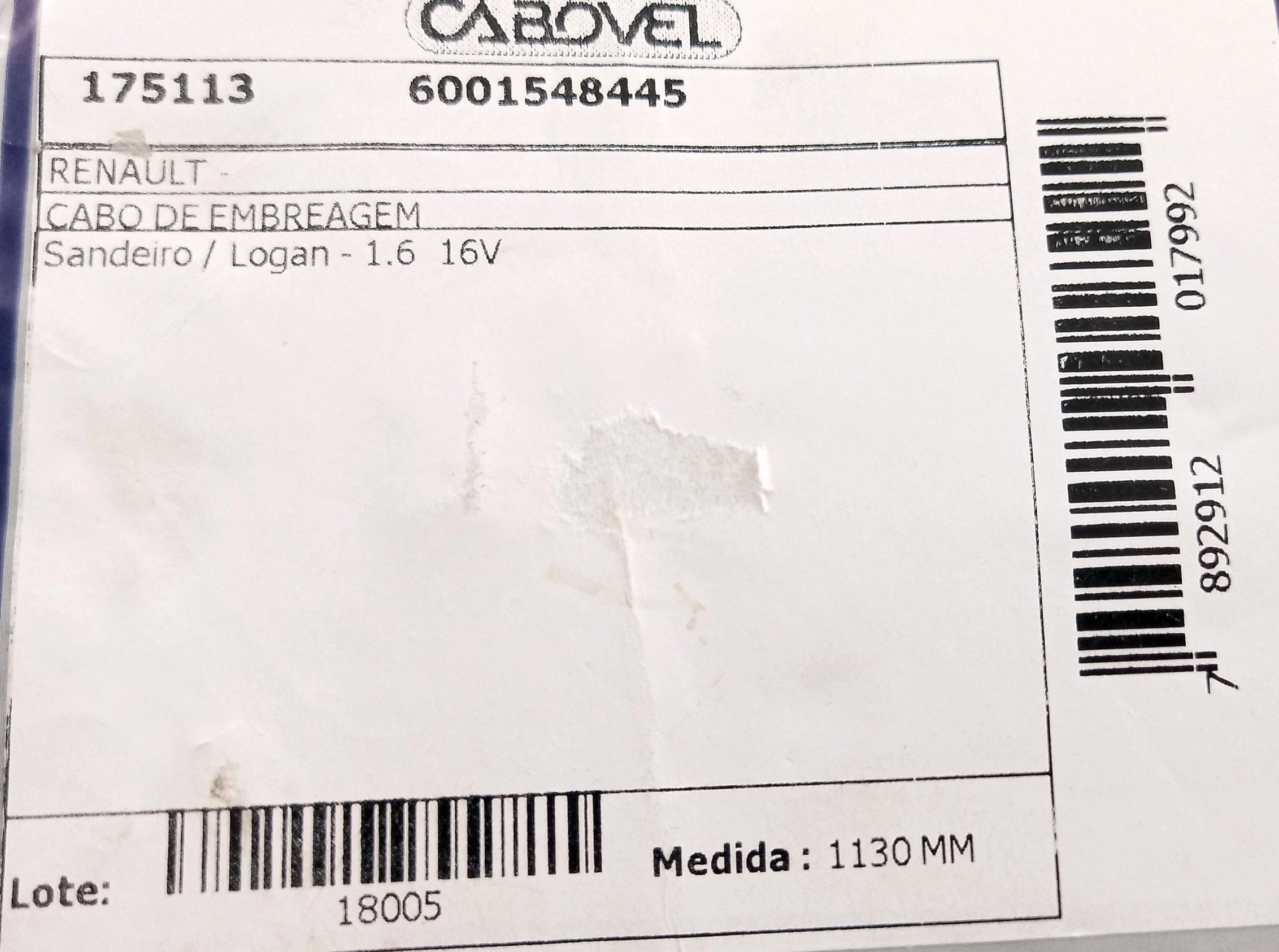 CABO DE EMBREAGEM RENAULT LOGAN/SANDERO 1.6 16V 2007/ - 1130MM