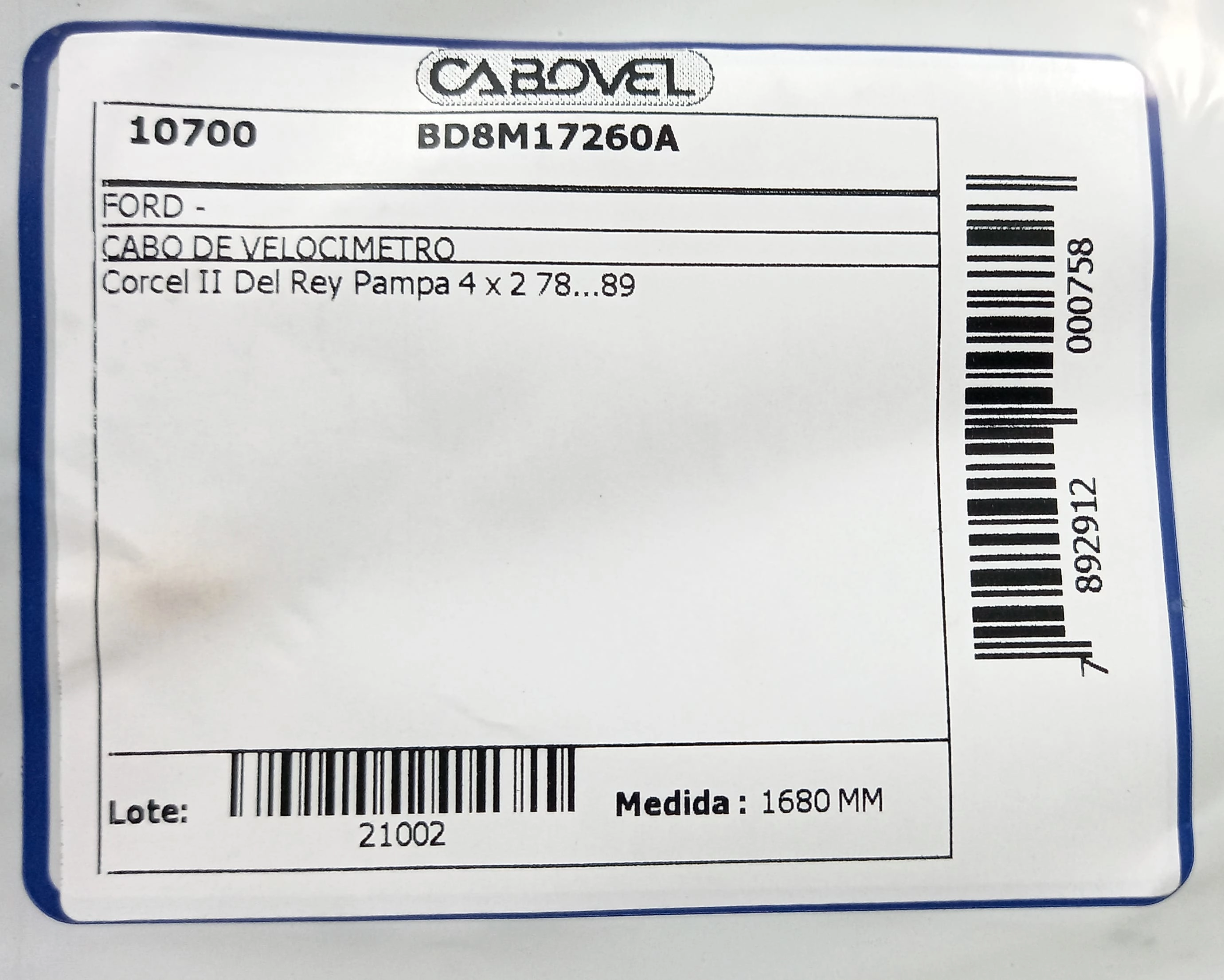 CABO VELOCIMETRO FORD CORCEL II/BELINA II/DEL REY/PAMPA 4X2 78/89 1680MM