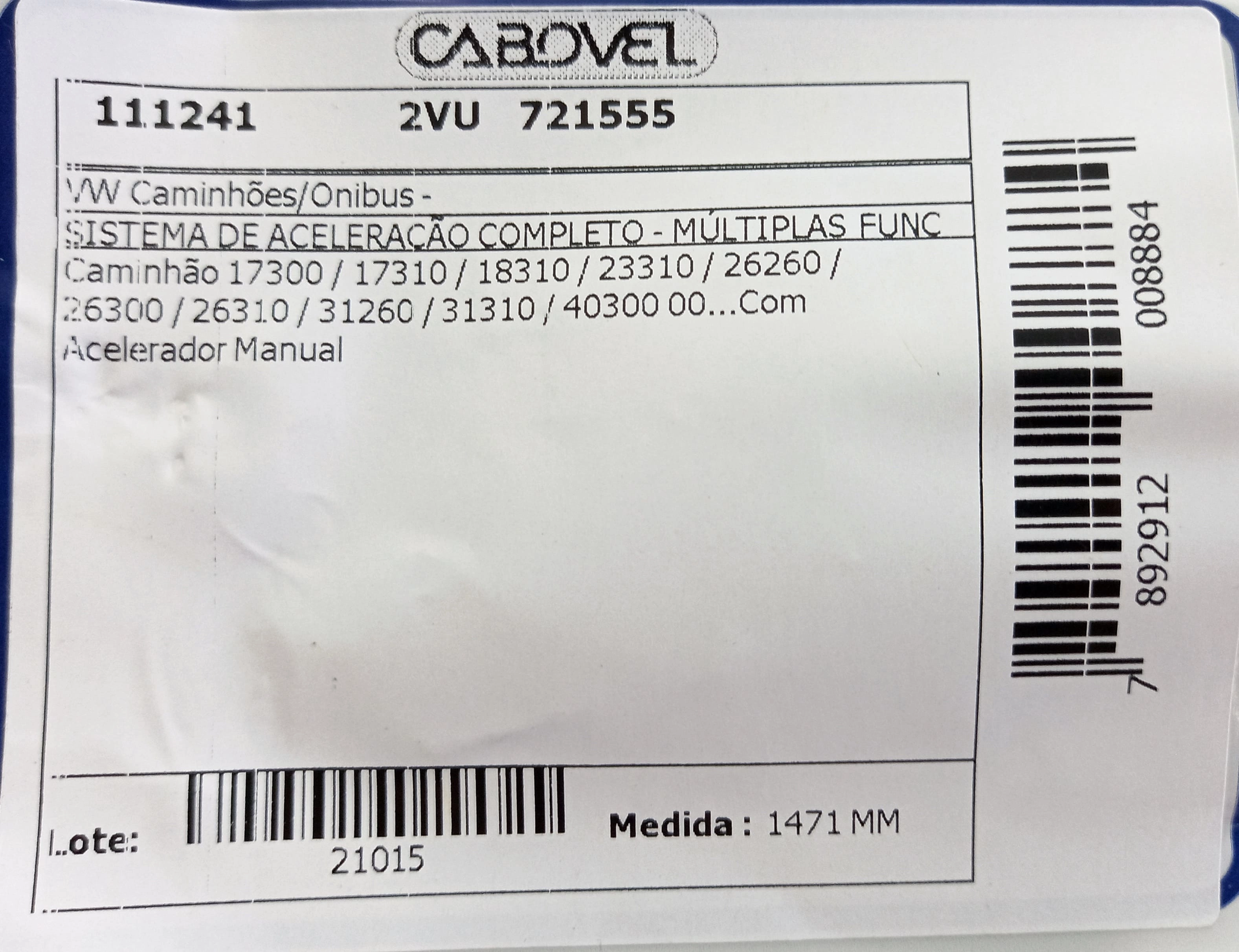 CABO ACELERADOR 1471MM VW 26.300/40.300/17.300 SISTEMA MULT. FUNCOES C/ACELERADOR MANUAL 00/