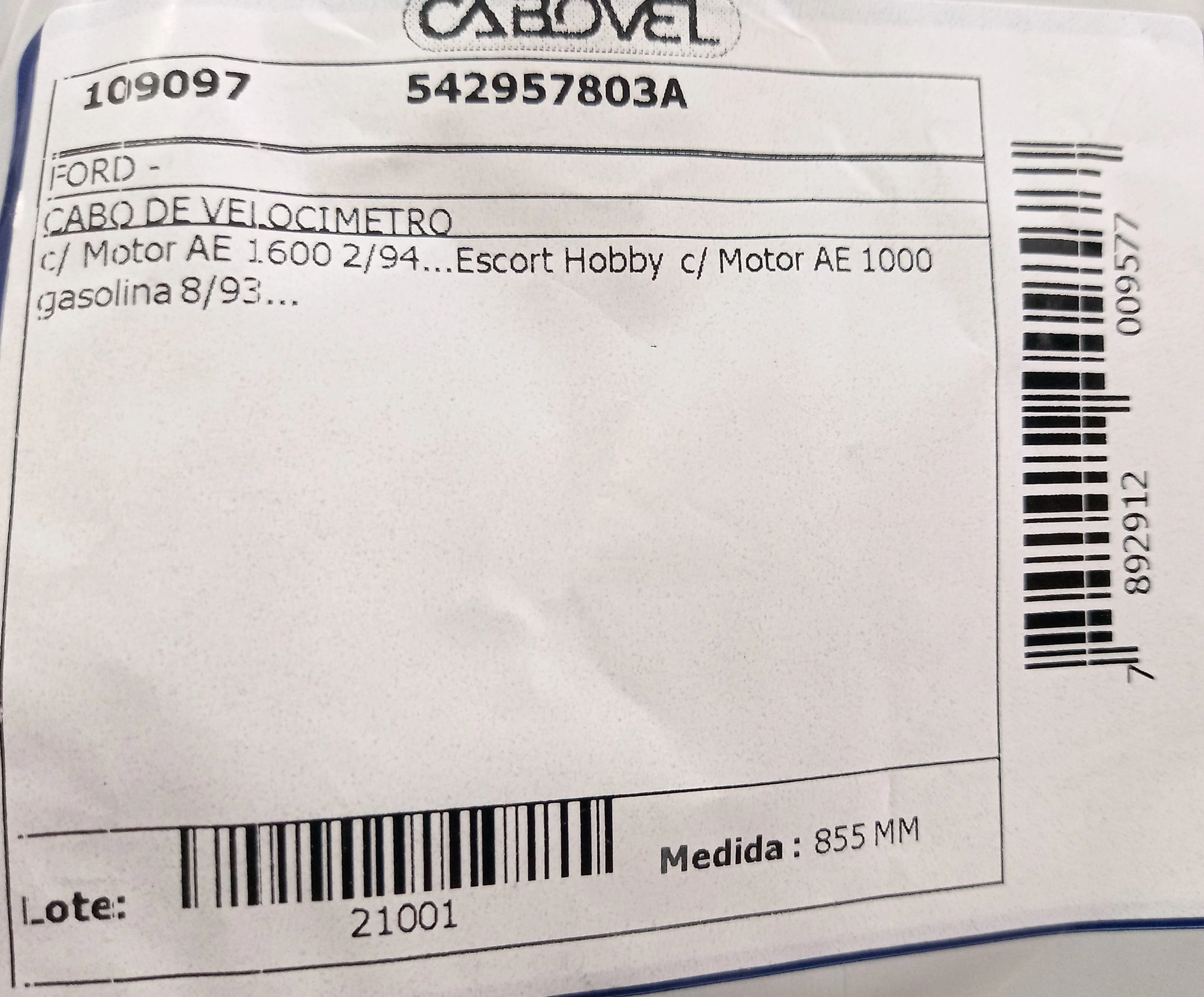 CABO VELOCIMETRO FORD ESCORT HOBBY - C/MOTOR AE 1000/1600 08.93/ 855MM