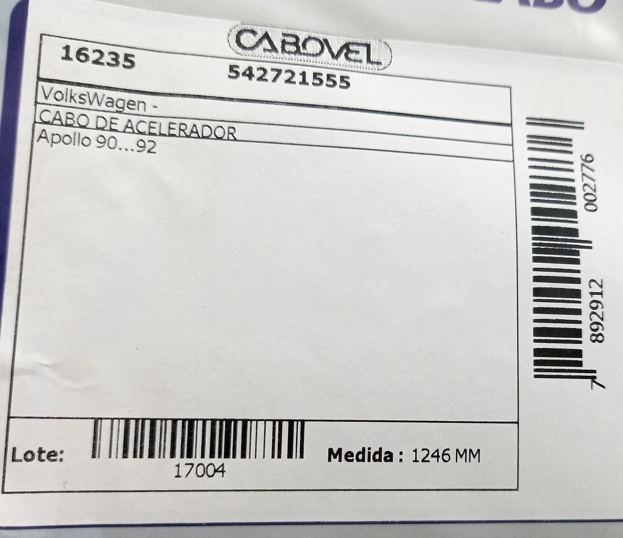 CABO ACELERADOR VW APOLLO 90/92 1246