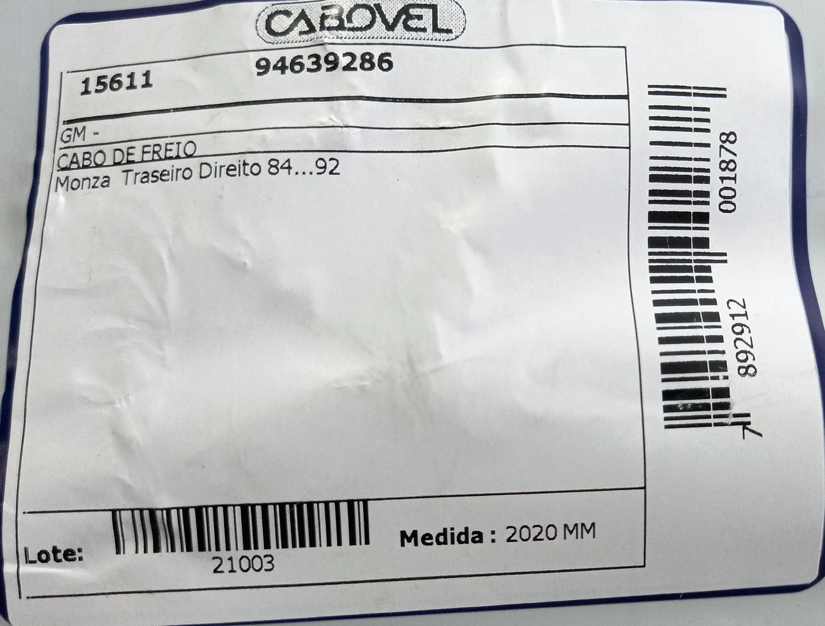 CABO FREIO TRASEIRO DIREITO 2020MM GM MONZA 84/92 2020