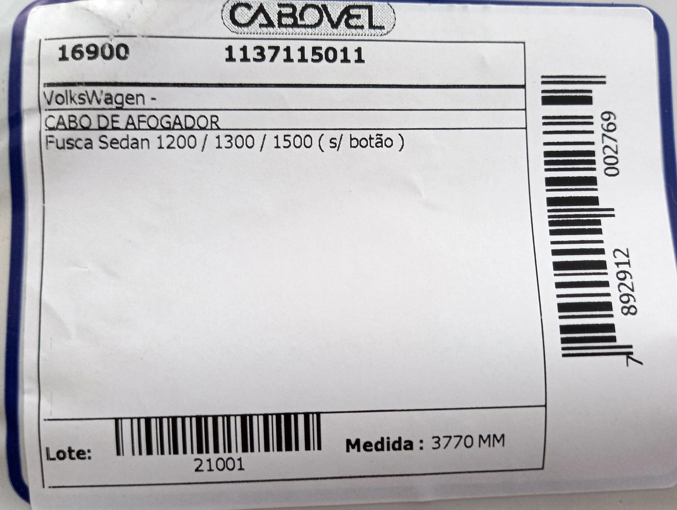 CABO AFOGADOR 3770MM VW FUSCA 1200/1300/1500 S/BOTAO 3770