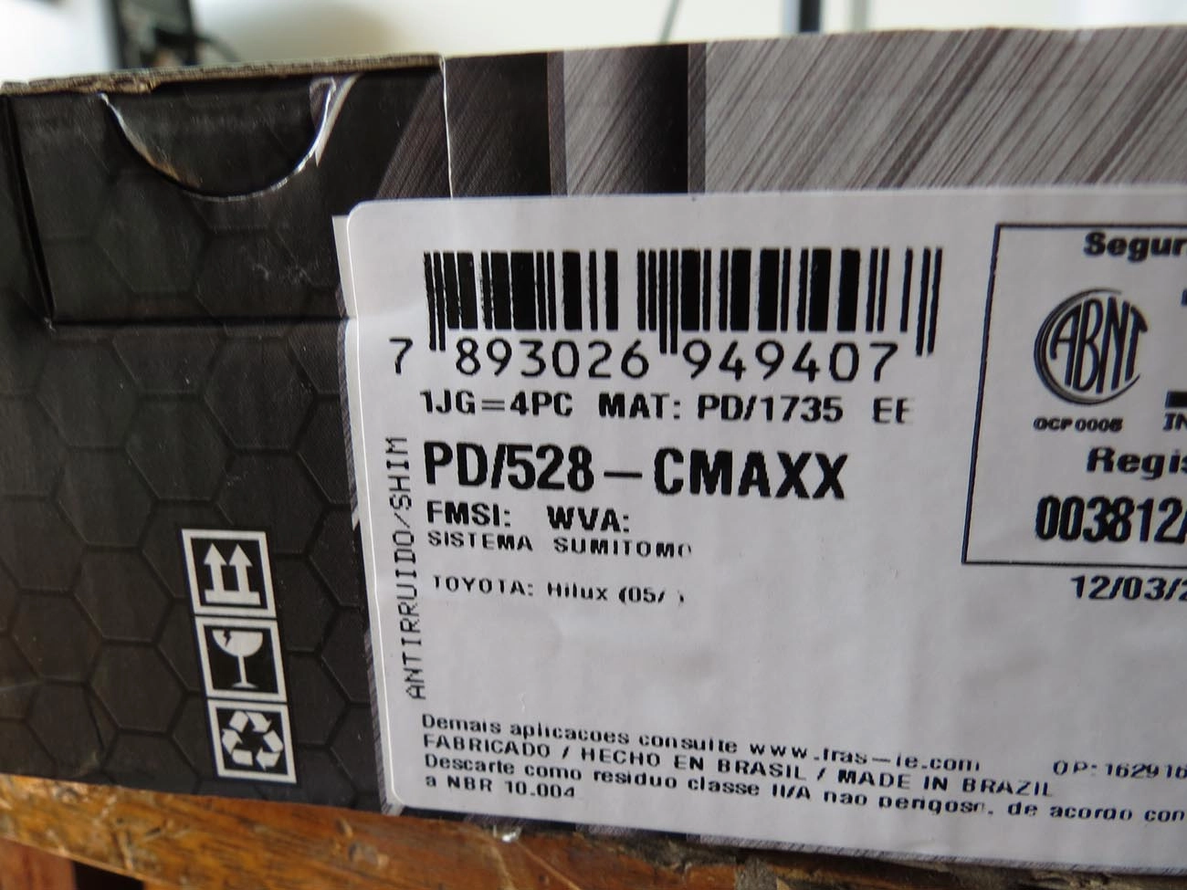 PASTILHA FREIO RODA DIANTEIRA TOYOTA HILUX SW4 2005/ 3.2 CD 4X2 SRV 05/ 4X4 T.D 15/