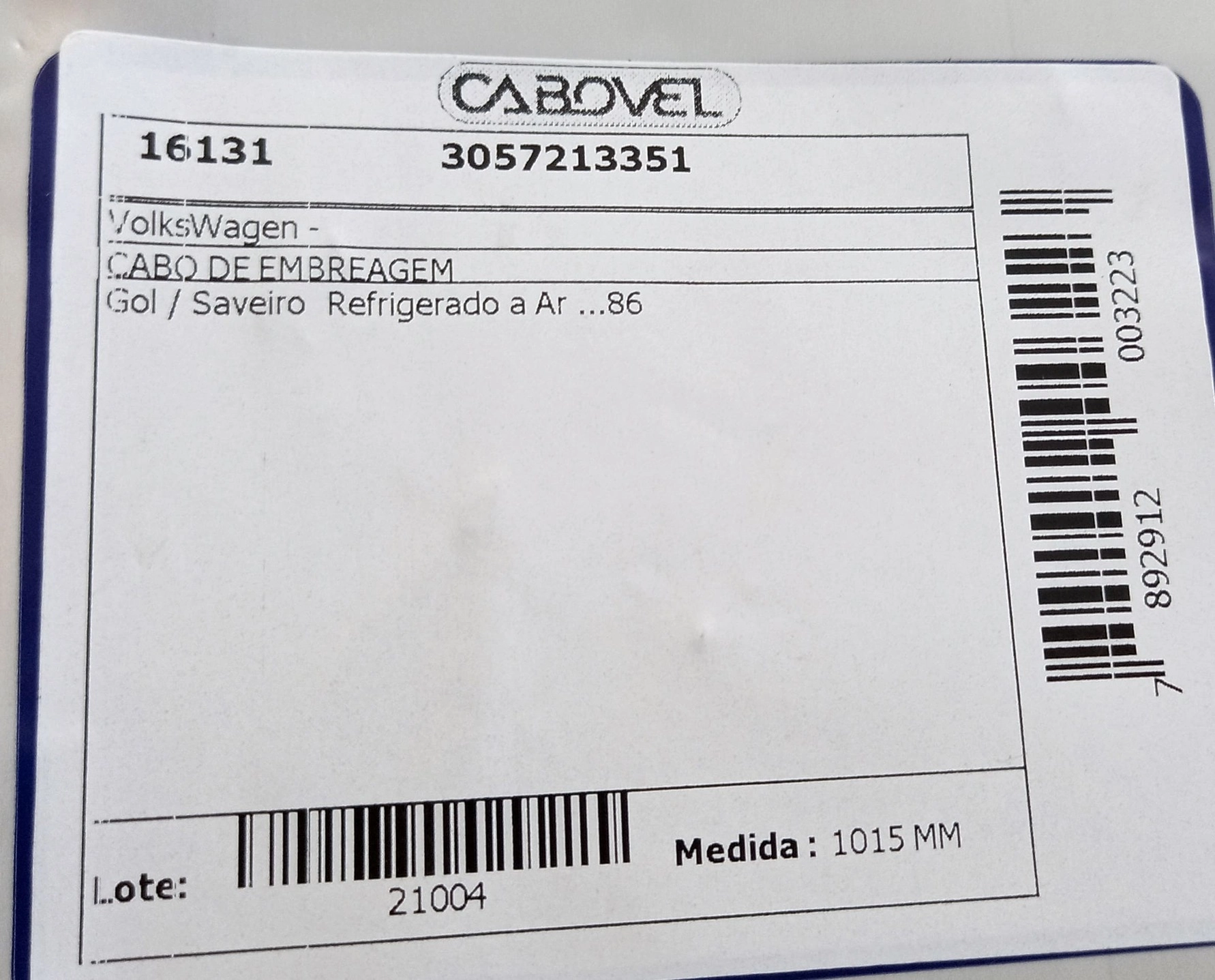 CABO EMBREAGEM 1015MM VW GOL/SAVEIRO REFRIGERADO A AR /86 1015