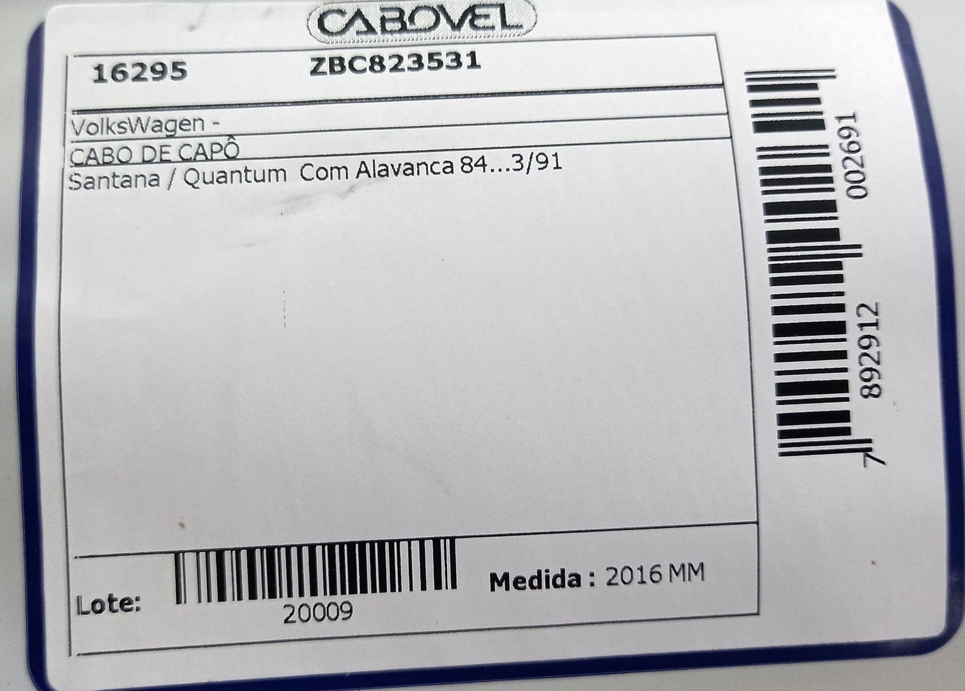 CABO CAPO VW SANTANA/QUANTUM - C/ALAVANCA 84/03.91 2016