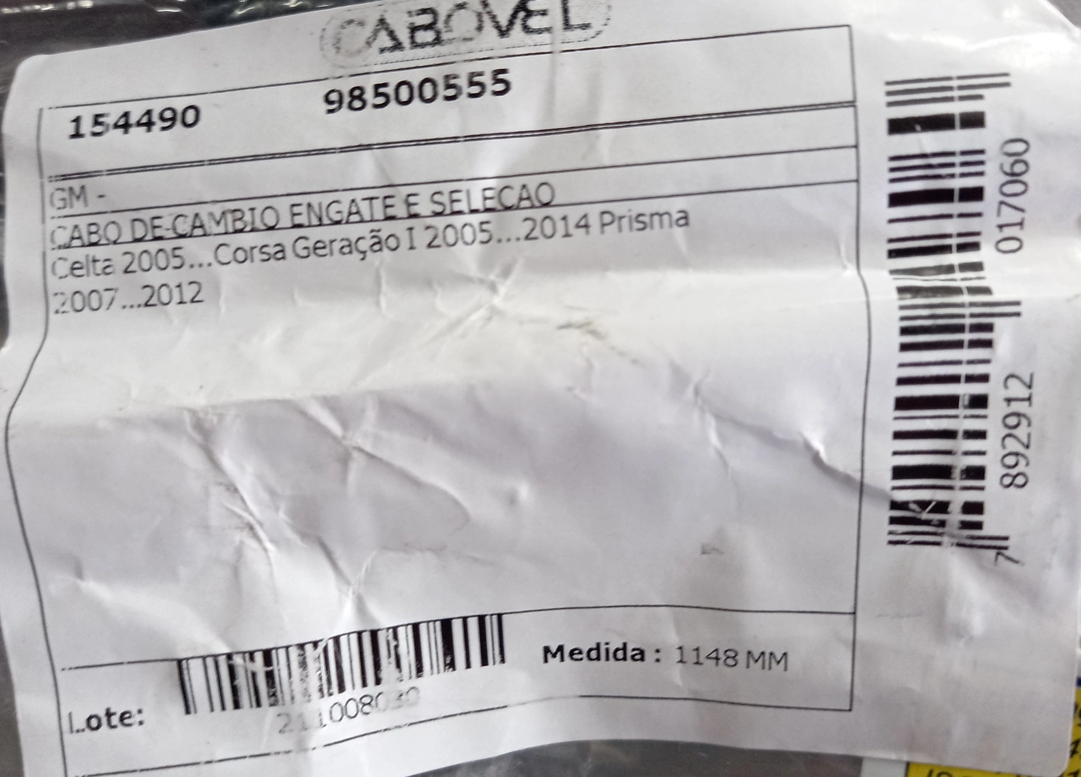 CABO CÂMBIO ENGATE/SELEÇÃO DAS MARCHAS GM CELTA 05/14 - PRISMA 06/12 - CORSA 94/14 - 1148MM