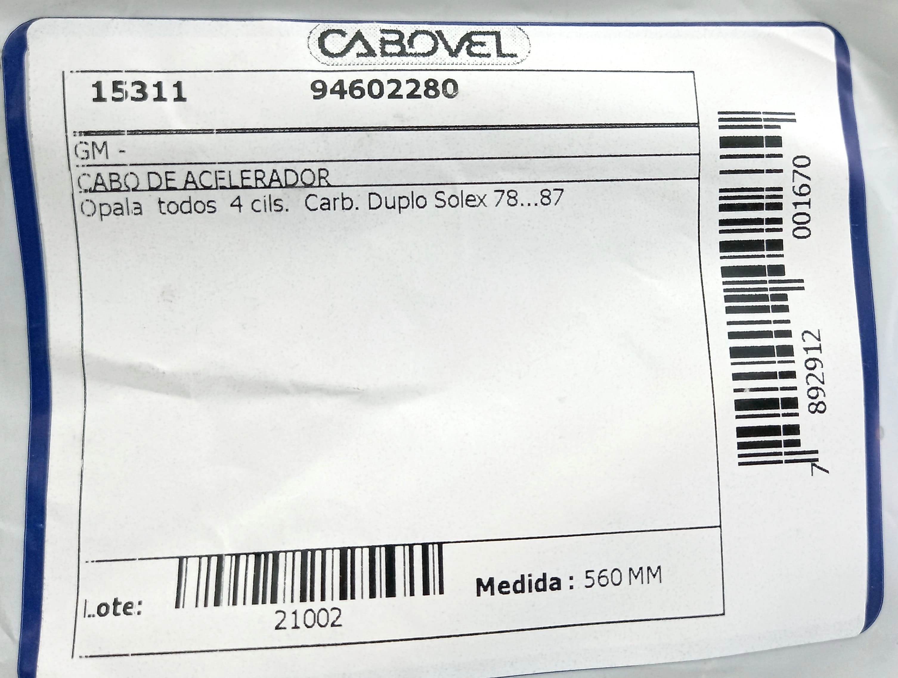 CABO ACELERADOR 560MM GM OPALA/CARAVAN TODOS 4 CIL. CARBURACAO DUPLO BROSOL 78/87 560