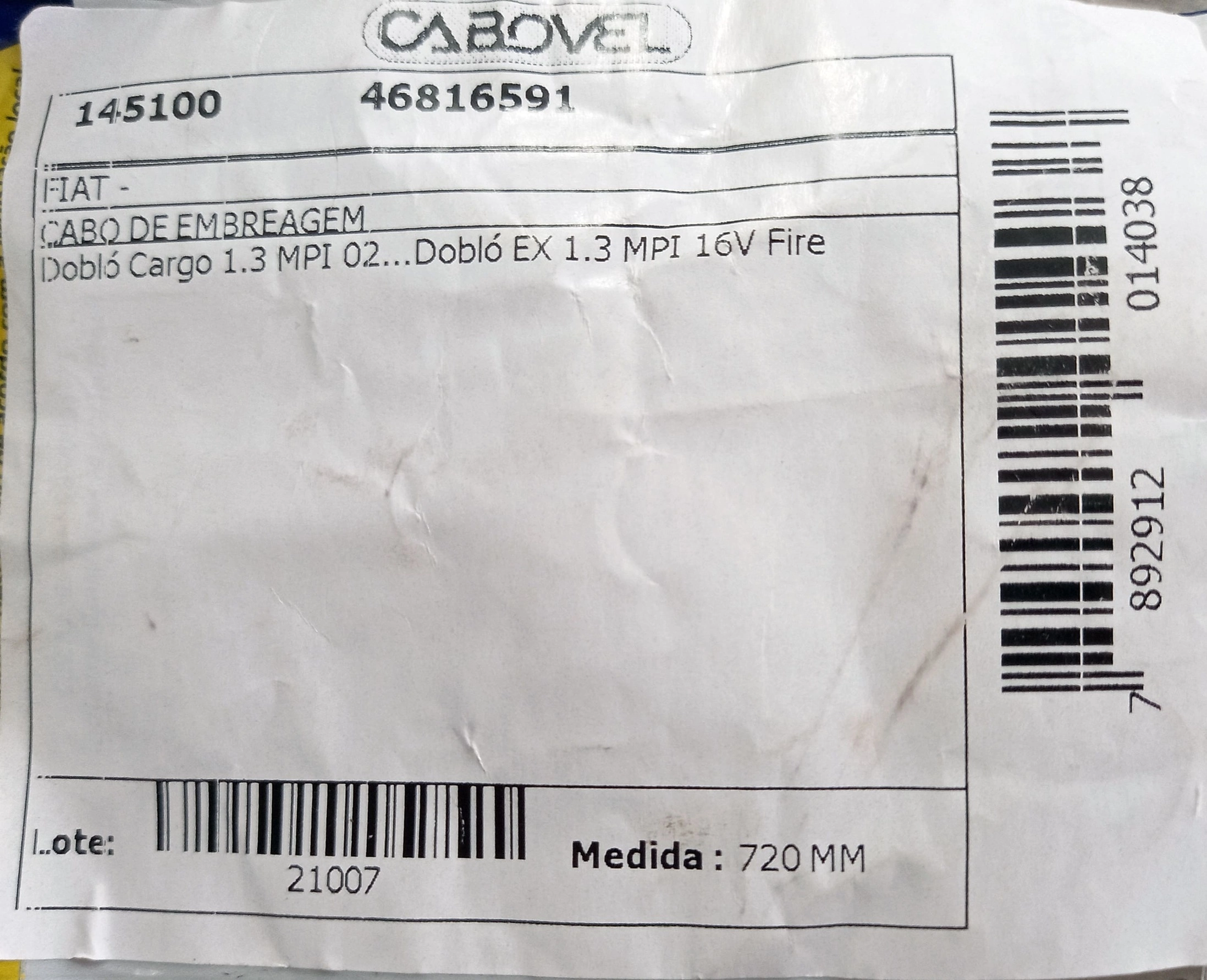 CABO EMBREAGEM FIAT DOBLO 1.3 2002/ - TODOS 720MM