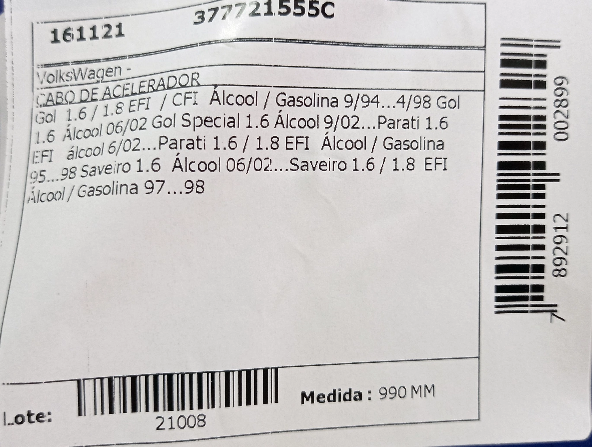 CABO ACELERADOR VW GOL/PARATI/SAVEIRO 1.6/1.8 EFI 94/98 - GOL/PARATI/SAVEIRO 1.6 ALCOOL GIII 06.02/