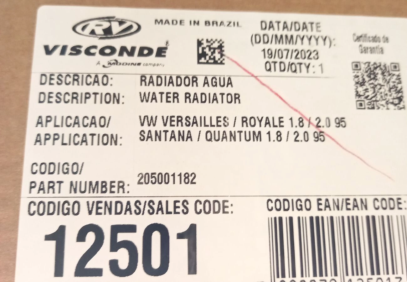 RADIADOR VW QUANTUM/SANTANA 1.8/2.0 1995/ FORD ROYALE/VERSAILLES 1.8/2.0 1995/