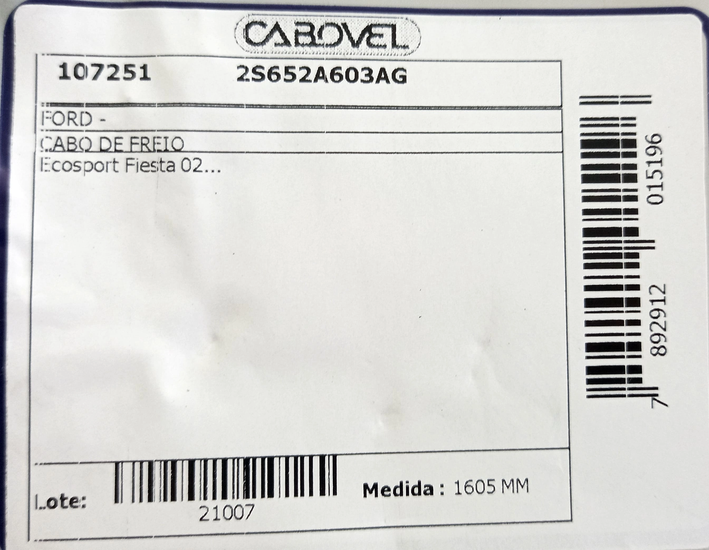 CABO FREIO TRASEIRO 1605MM JOGO COM 2 CABOS FORD NOVO FIESTA 2002/ ECOSPORT 2003/ C/2