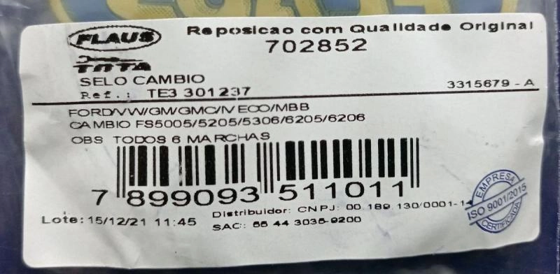SELO DO CÂMBIO FORD/VW/GM/IVECO/MB - TODOS 5 MARCHAS