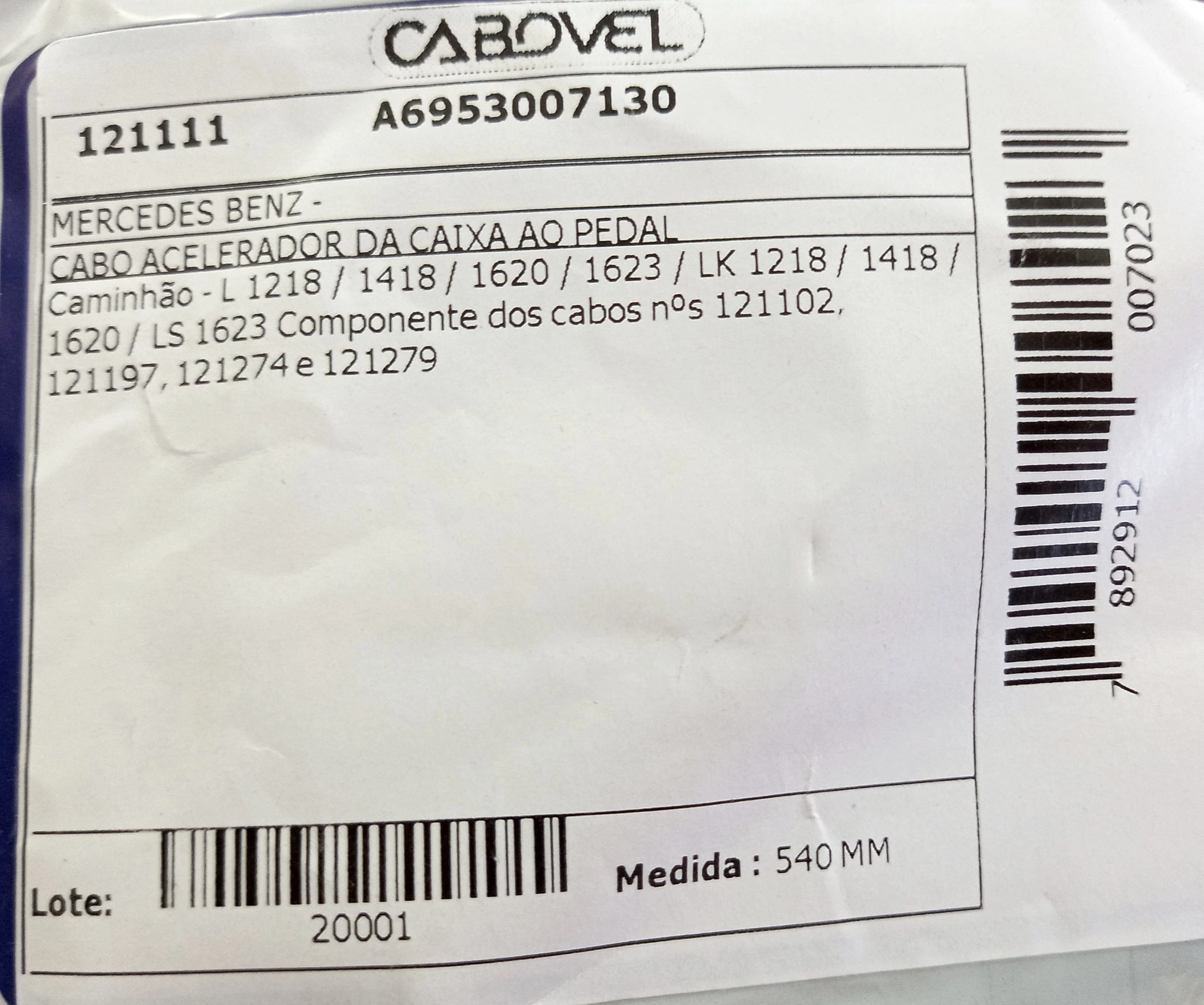 CABO ACELERADOR MB 1218/1418/1620/1623 - CAIXA AO PEDAL 540MM