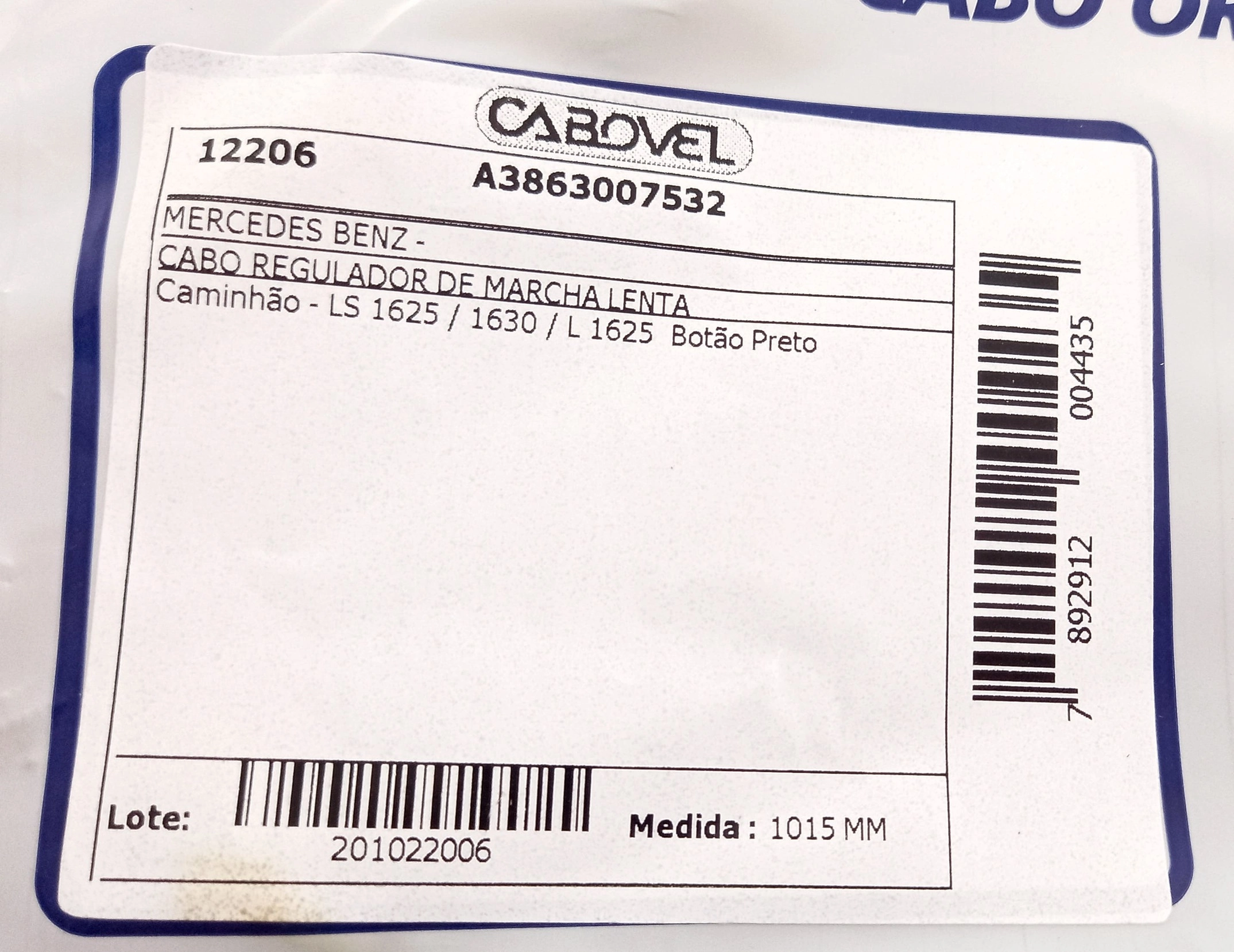 CABO LENTA MB LS 1625/1630/L 1625 - BOTAO PRETO 1015MM