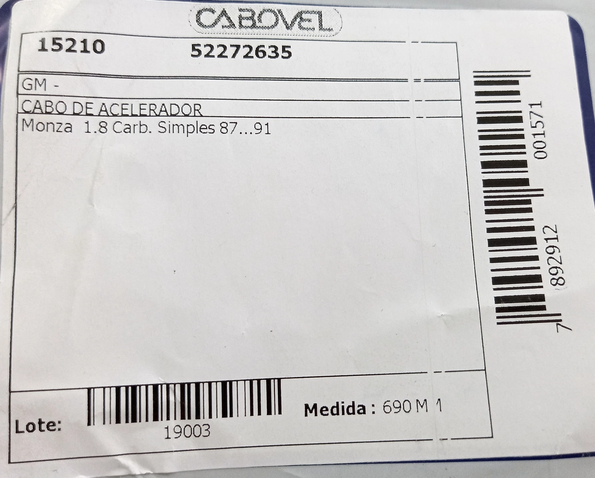 CABO ACELERADOR 690MM CARBURADOR DUPLO GM MONZA 1.8 87/91