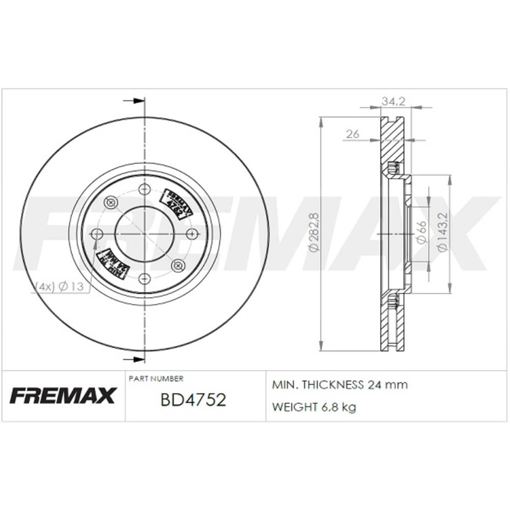 DISCO FREIO DIANTEIRO VENTILADO 282,80MM 4 FUROS PEUGEOT 307 TODOS CITROEN C4 PALLAS/C5/XSARA V ALT 34,5MM