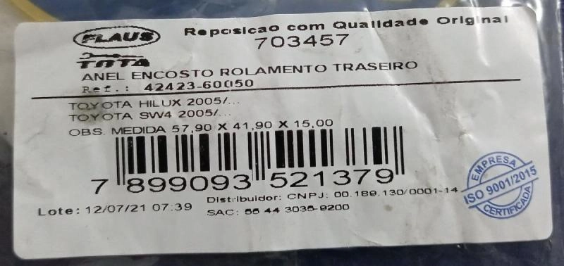 ANEL ENCOSTO ROLAMENTO SEMI EIXO TRASEIRO TOYOTA HILUX/SW4 2005/ - 41,90X57,90X15MM